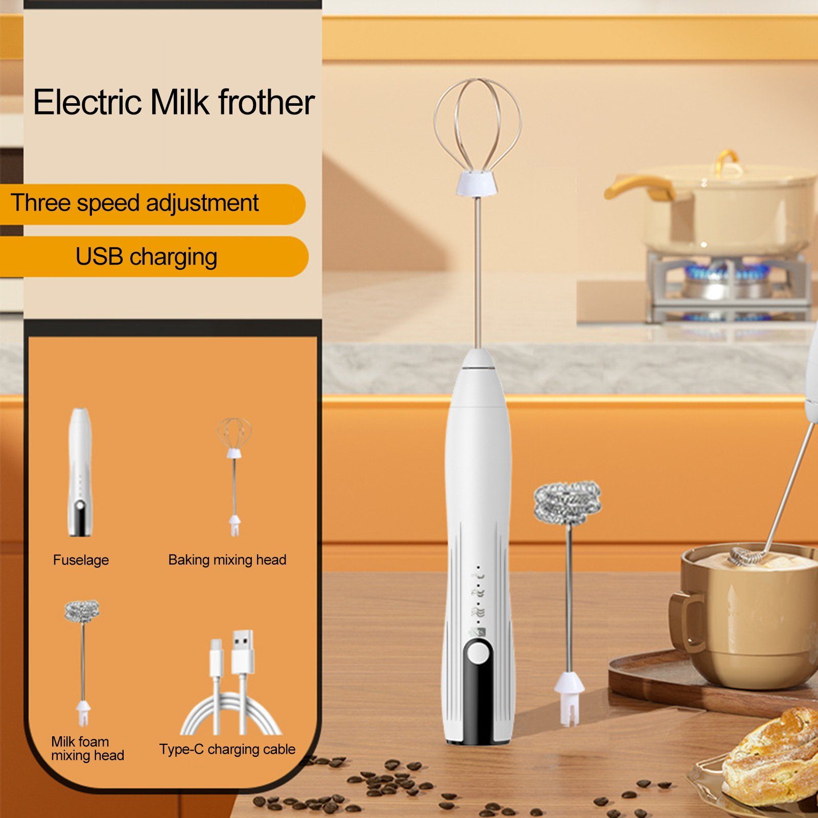 farfi Milchaufschäumer One-Key-Start-Handheld, leistungsstarker elektrischer Milchaufschäumer, einstellbare Geschwindigkeit,einfach zu säubern