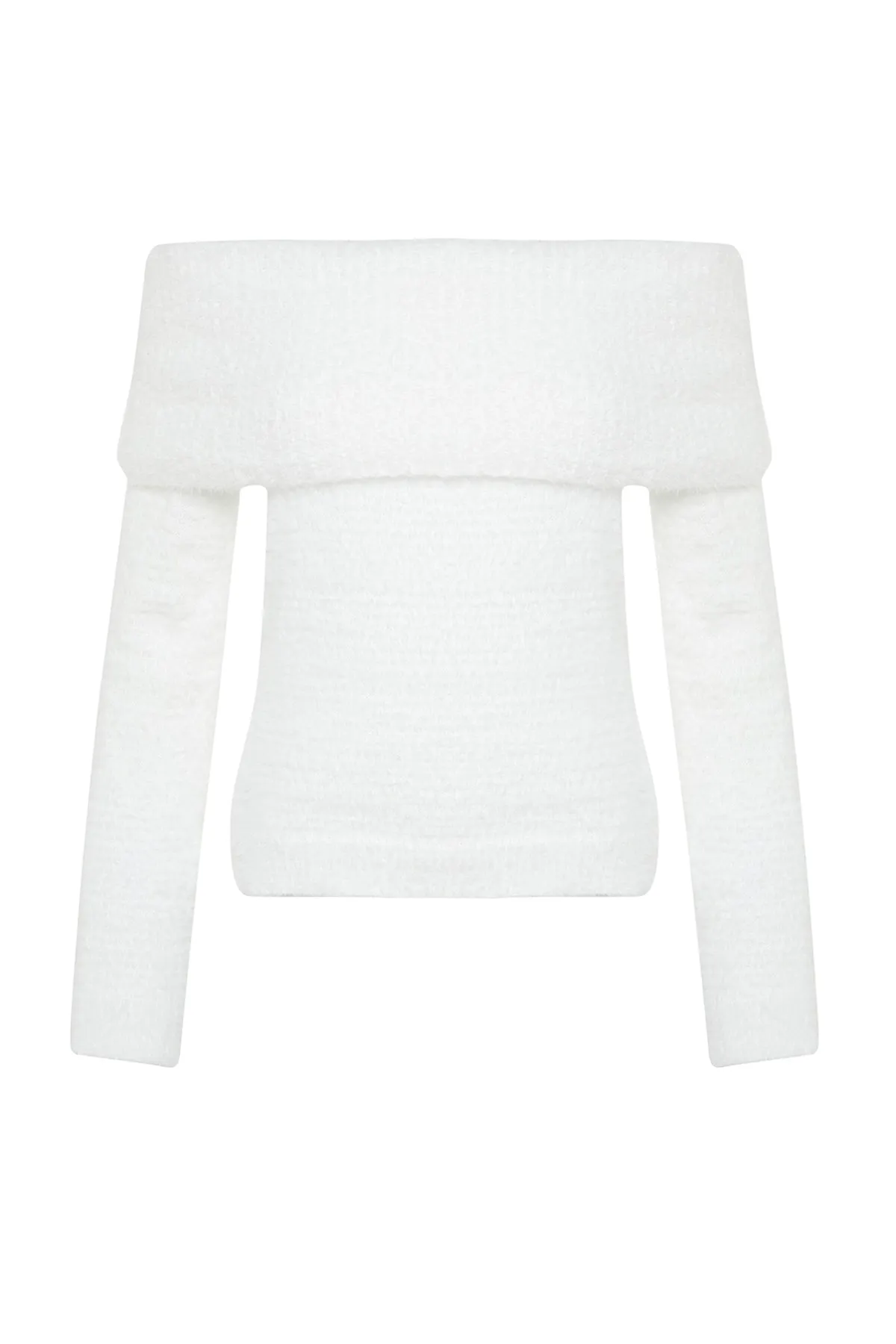 Trendyol Collection  Ecrufarbener Strickpullover mit Degaje-Kragen, Feder-/Bartfaden-Muster TWOAW24KZ00121