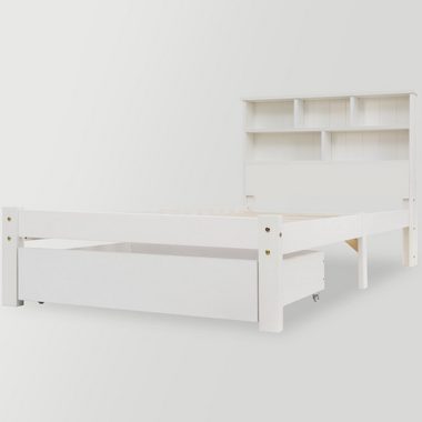 HAUSS SPLOE Holzbett Doppelbett Jugendliche und Erwachsene Kinderbett (Einzelbett oder Doppelbett, mit großer Schublade und Bücherregal Kopfteil), aus Massivholz Kiefer, Weiß, ohne Matratze, 90× 200 cm oder 140× 200 cm