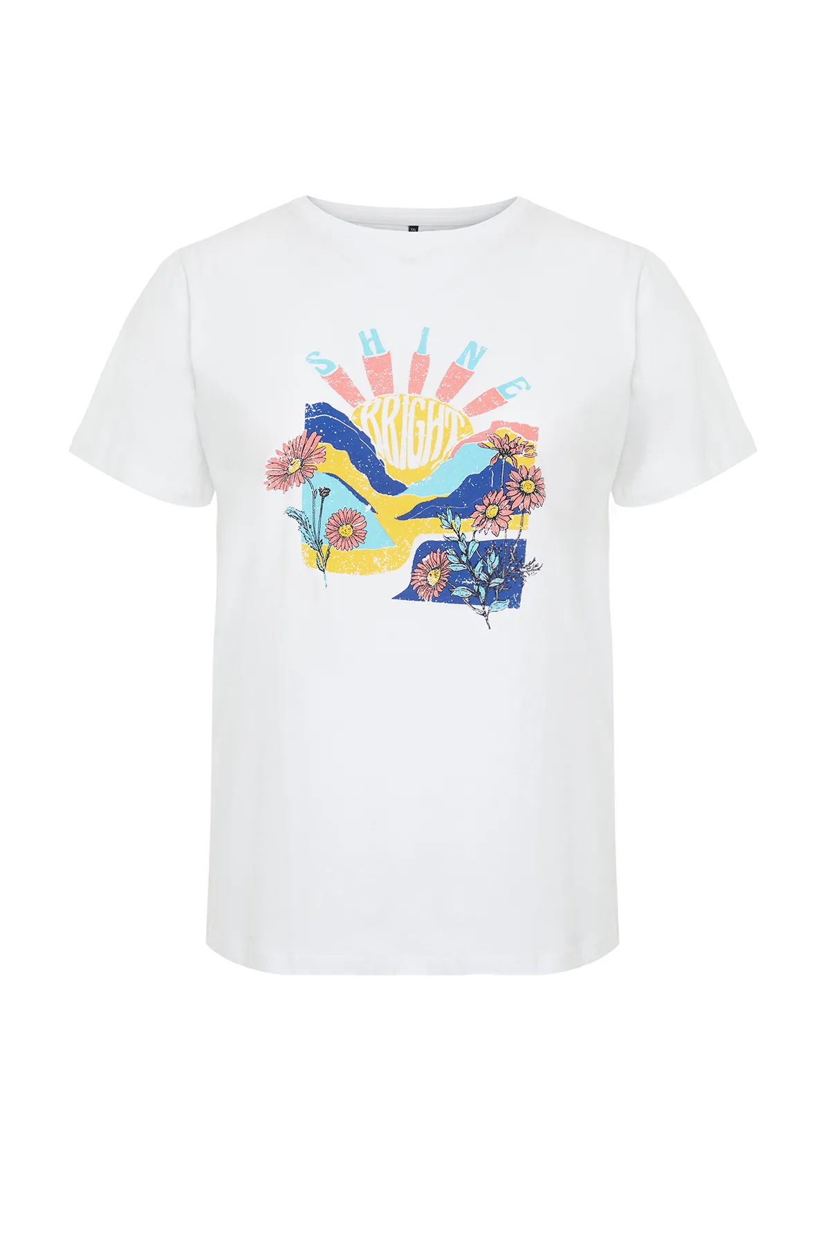 Trendyol Curve  Weißes bedrucktes Strick-T-Shirt mit Rundhalsausschnitt TBBSS22TS1944