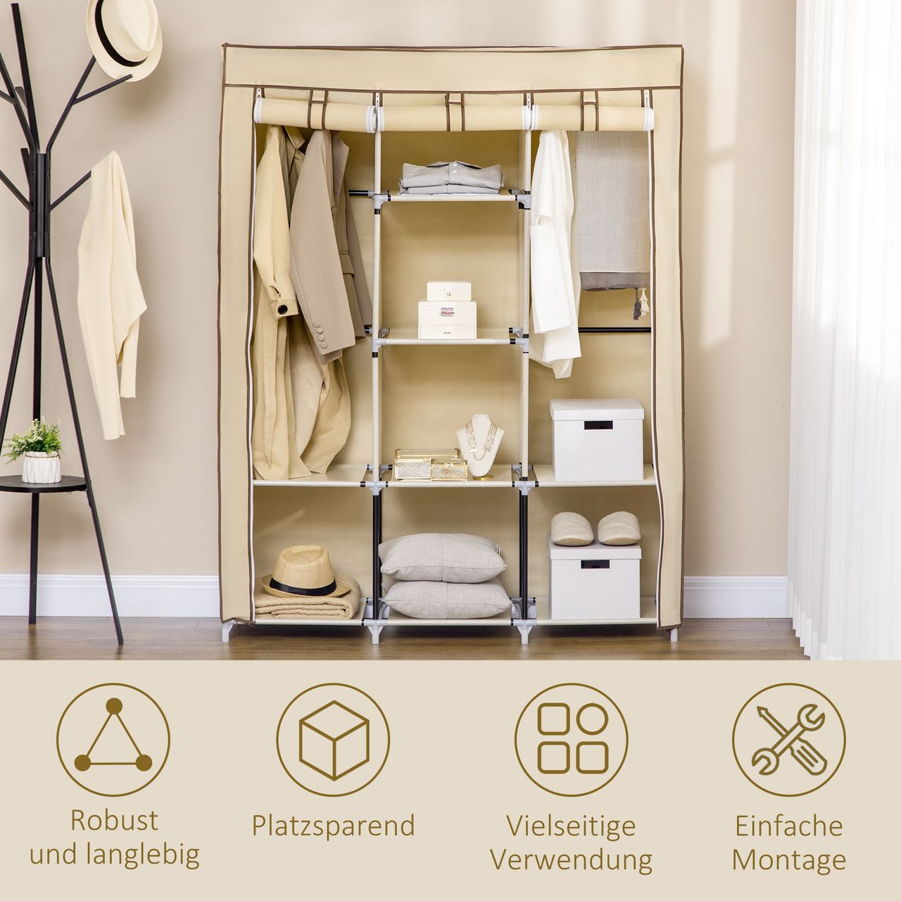 HOMCOM Stoffschrank, Faltschrank, Kleiderschrank mit Kleiderstangen, 8 Ebenen