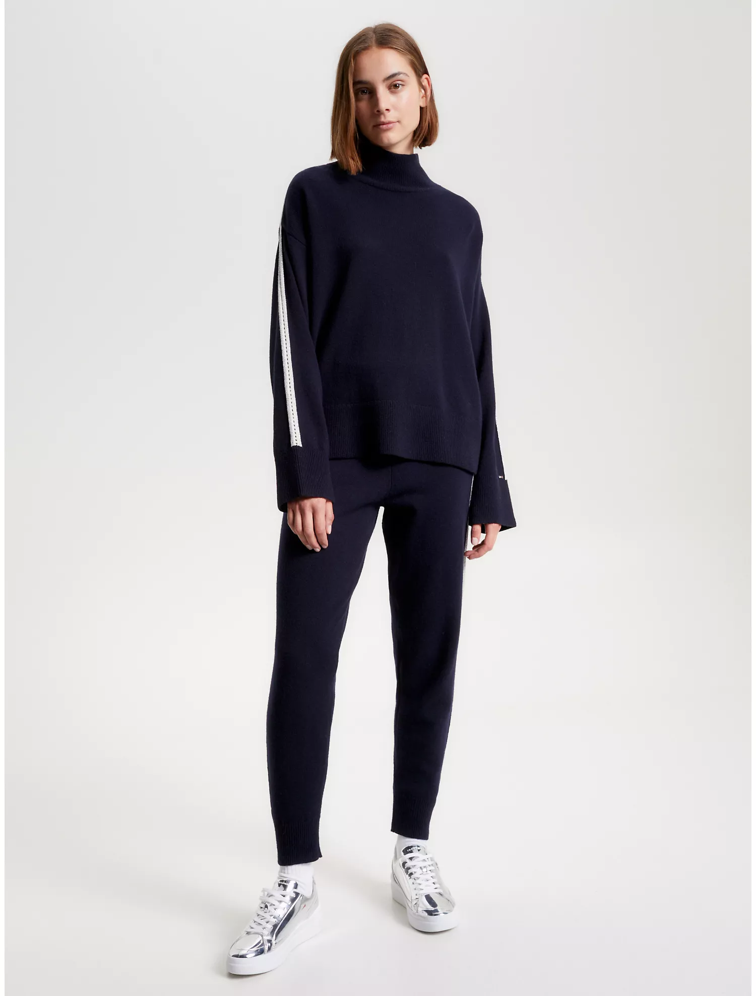 Pointelle Stripe Wool Mockneck Sweater