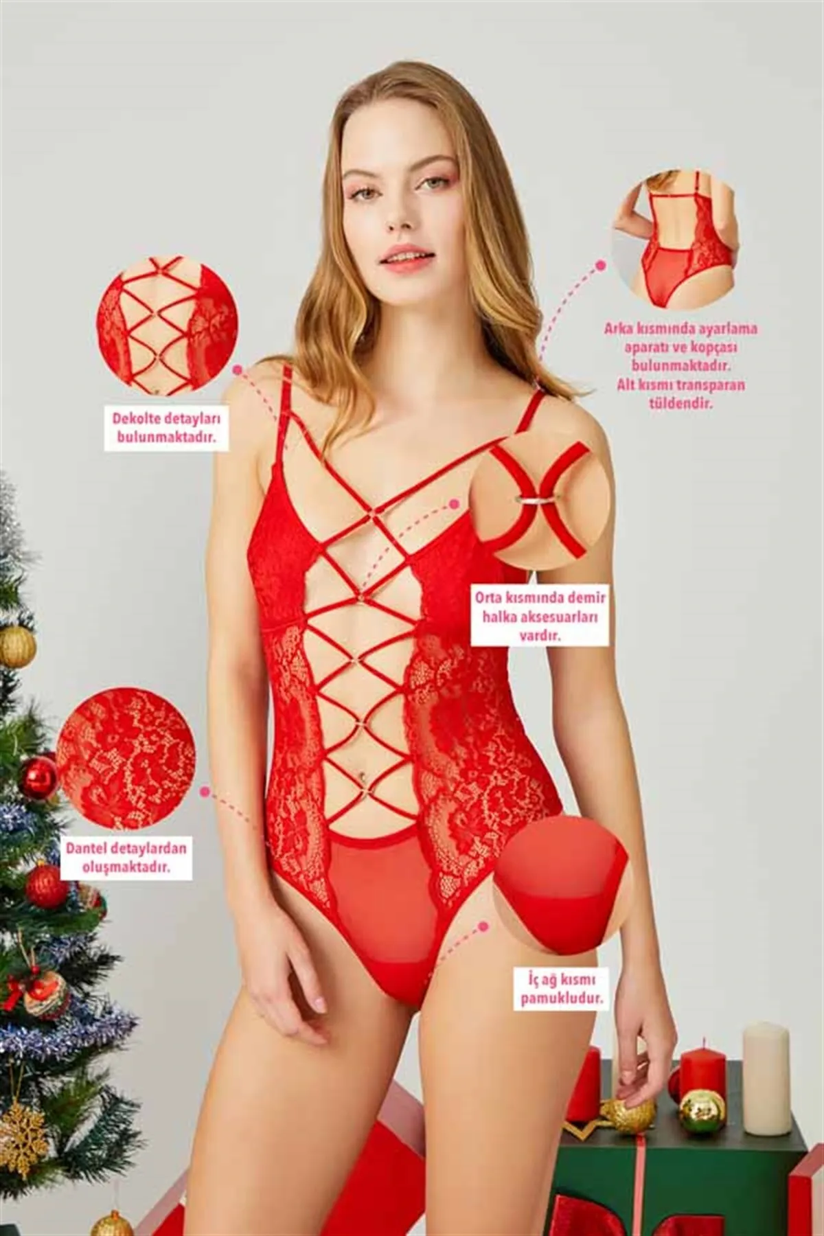 Cottonhill  Roter Seil-Body mit detailliertem, verstellbarem, elastischem Spitzen-Damen-Body