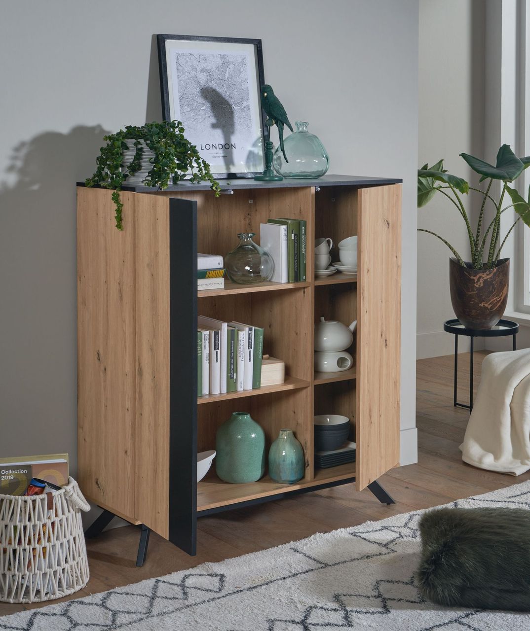 Skyport WOHNLING Highboard 110x125x40 cm MDF Sideboard Eiche Dekor Kommode Anrichte