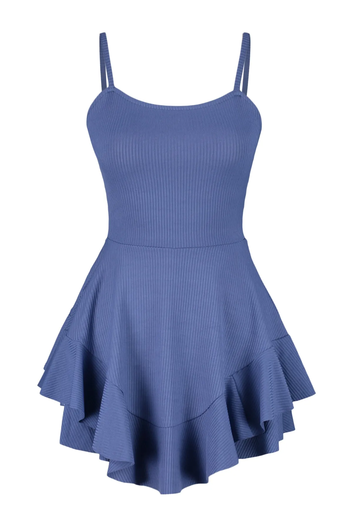 Trendyol Collection  Indigoblau bedruckter Mini-Strick-Jumpsuit mit Riemchenvolant und Shorts TWOSS23TU00044