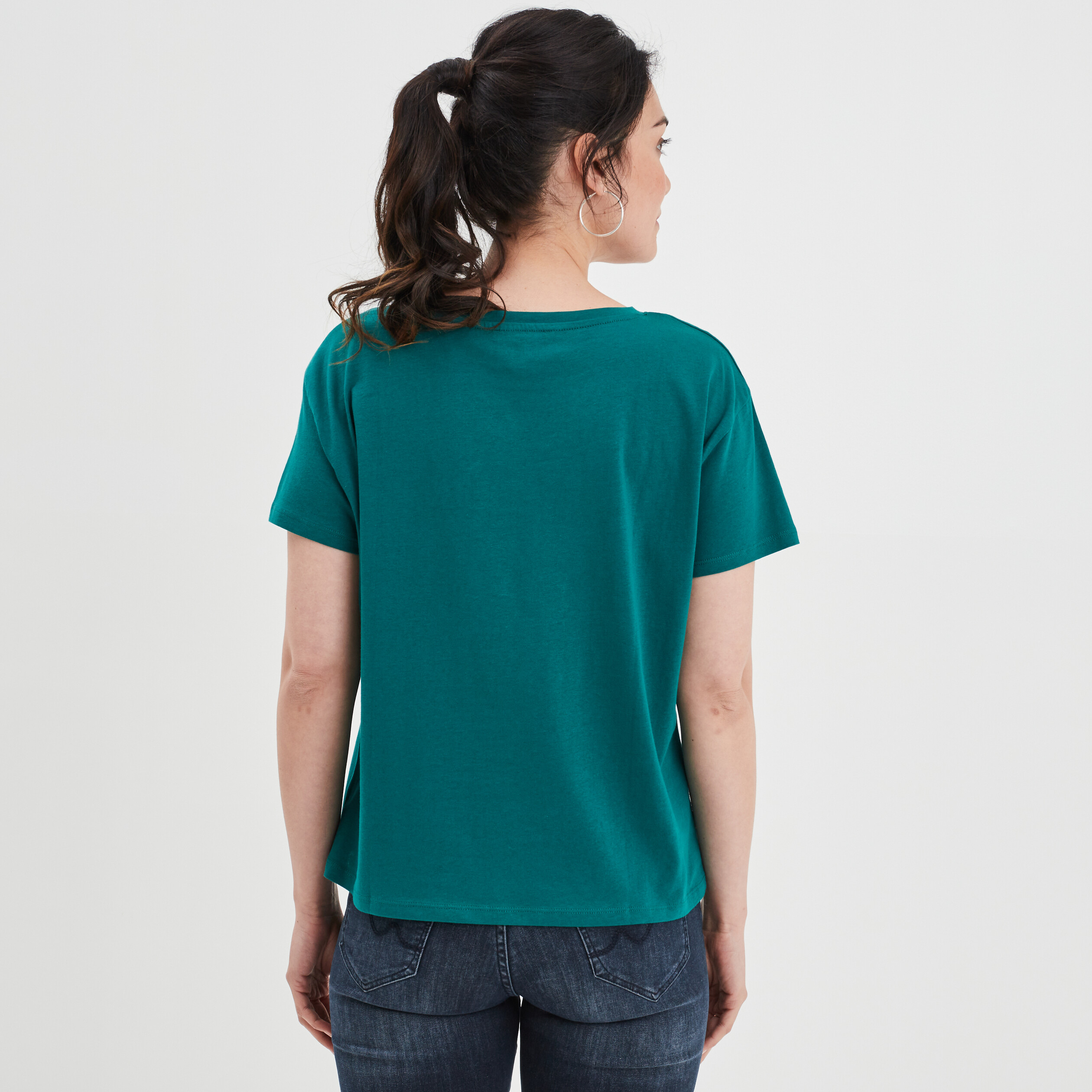 T-shirt col rond manches courtes coton vert émeraude femme | La Halle