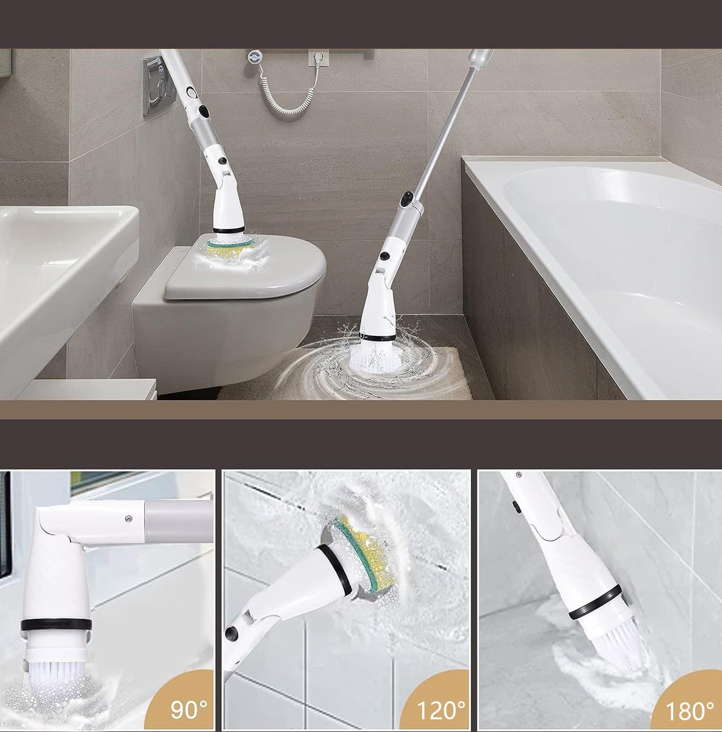 AKKEE Reinigungsbürsten-Set Elektrische Reinigungsbürste mit 5 Bürstenköpfe, Bad / Badewannen / Fugen / Kanten / Fliesen / Boden / Waschbecken, (1-tlg., Mit 5Austauschbaren Bohrbürstenköpfen &Verstellbaren Teleskopstangen), Reinigungsbürste Elektrisc