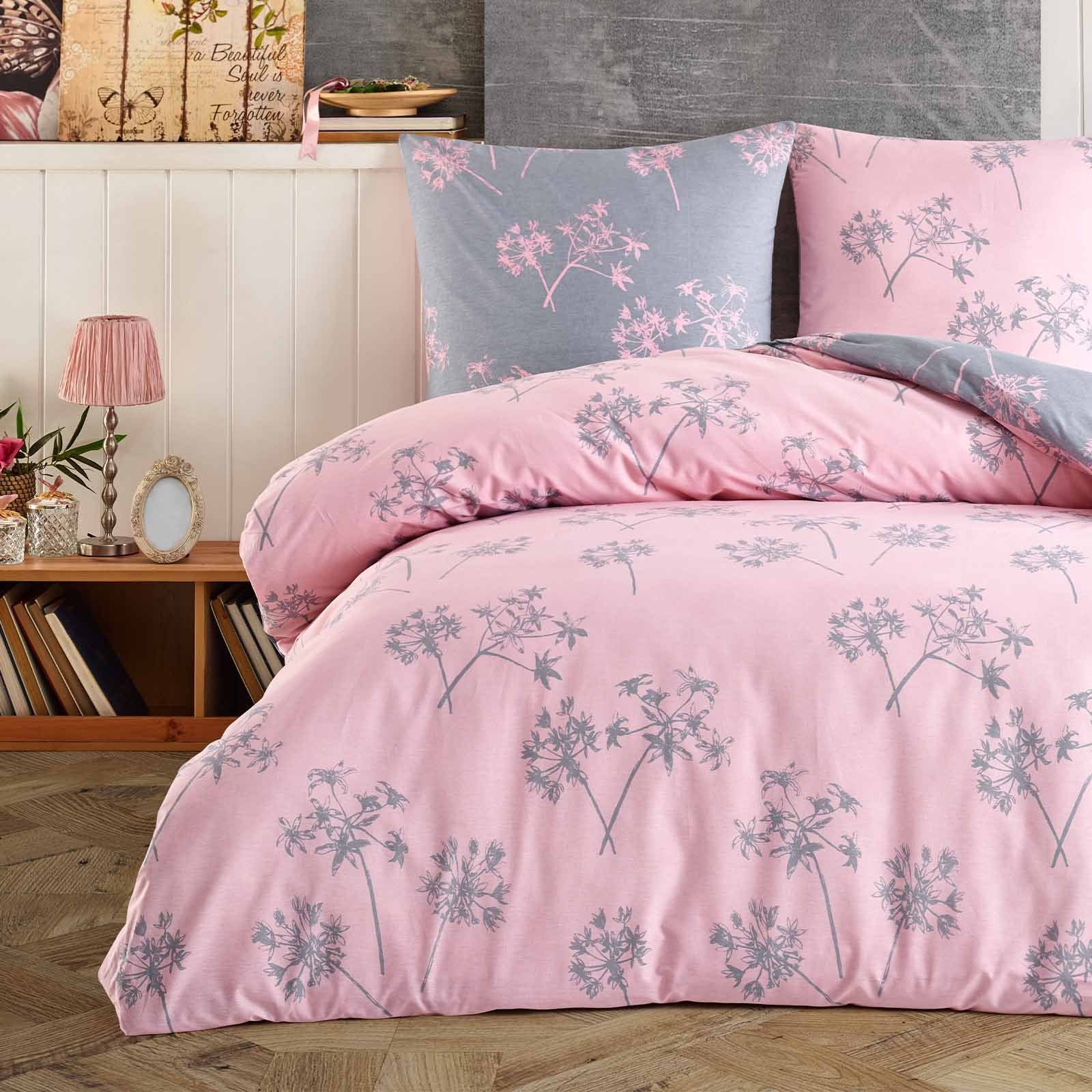 Bettwäsche, Buymax, Renforcé, 2 teilig, 100% Baumwolle Renforce 135x200 cm Kissenbezug 80x80cm mit Reißverschluss, Muster Zweige, Rosa Pink Grau