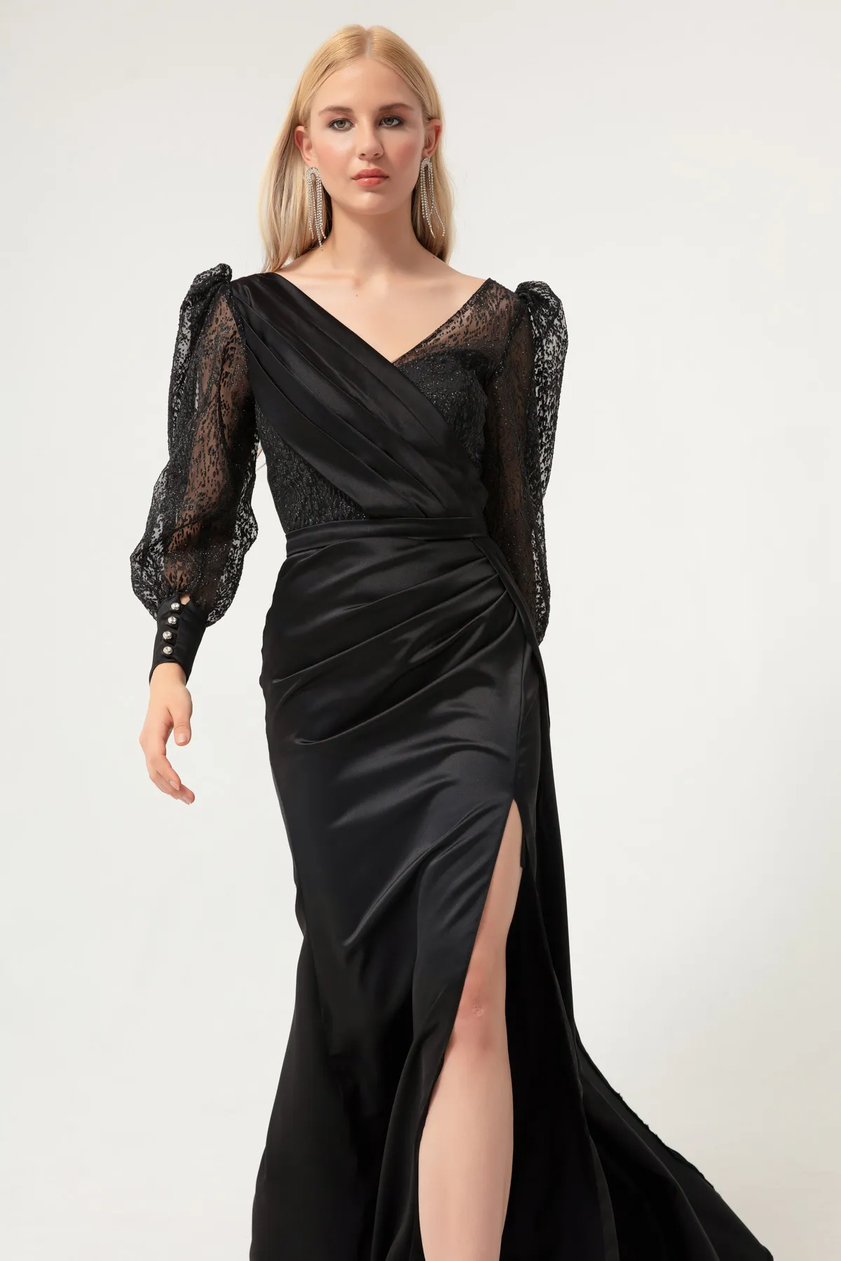 Lafaba  Schwarzes, zweireihiges, glitzerndes Abendkleid aus Satin mit Kragen für Damen