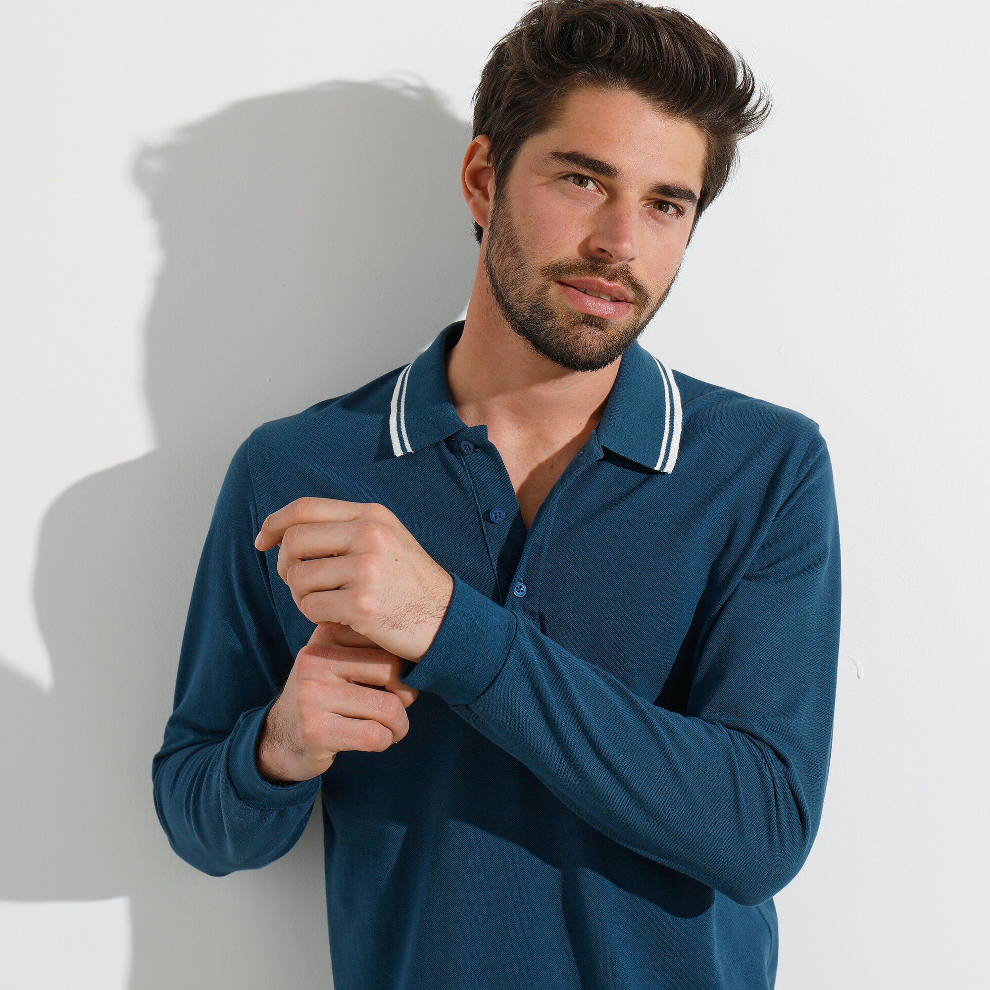 Polo uni maille piquée manches longues