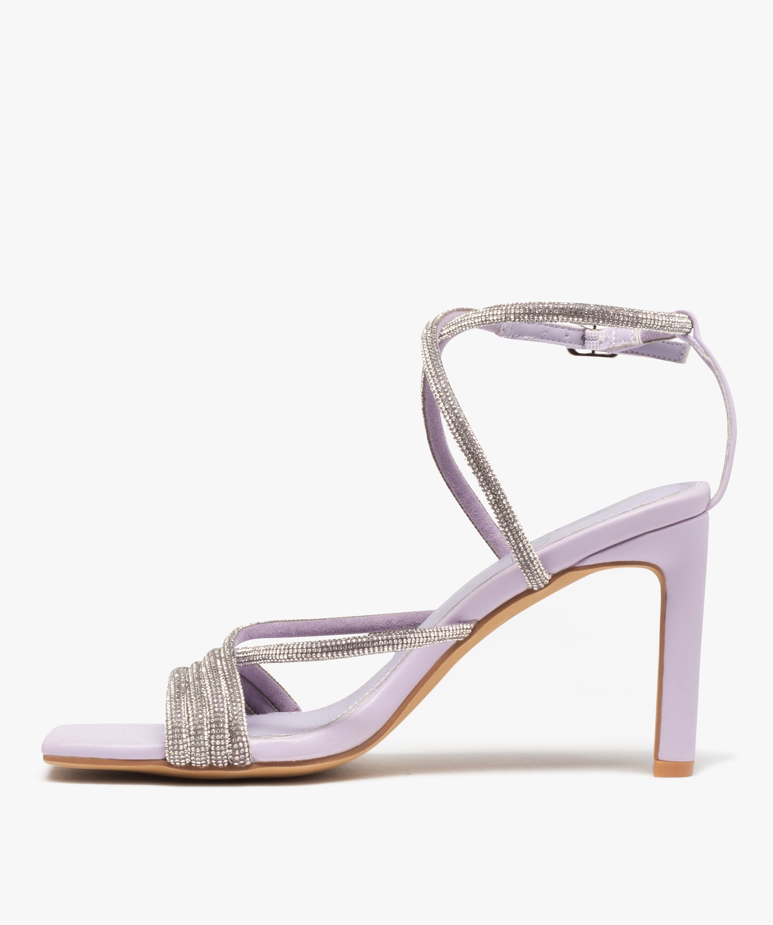 Sandales femme à talon haut dessus fines brides strass violet clair | GEMO