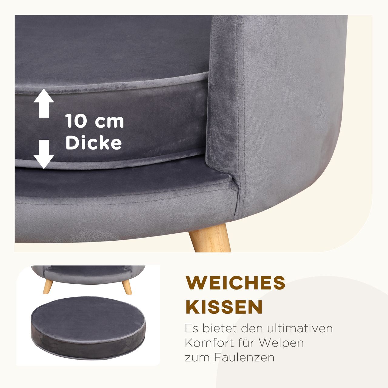 PawHut Hundesofa, Haustiersofa mit Samtoptik, Katzensofa mit Kissen, Holzbeine