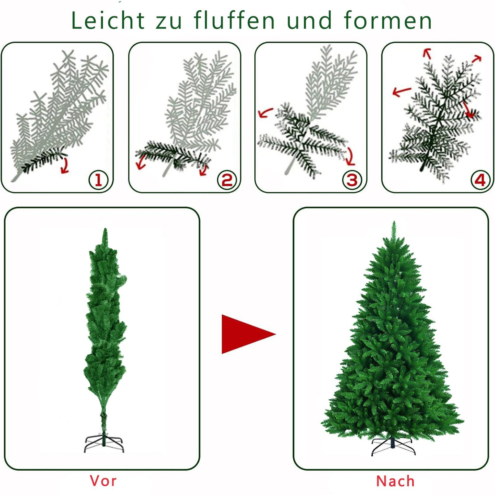 Sinaopus Künstlicher Weihnachtsbaum BG03 Tannenbaum mit 100% neu PVC , Künstlicher Christbaum, mit 1100 PVC Spitzen, 180 cm mit Metallständer