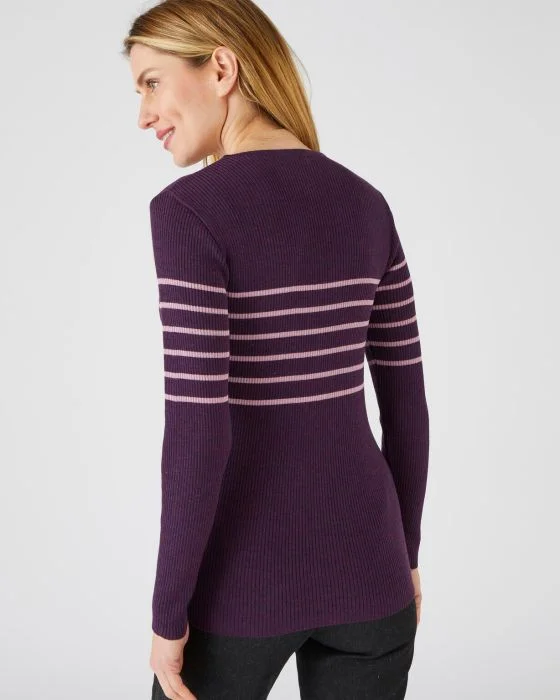 Pull col rond 50% laine mérinos, uni et rayé