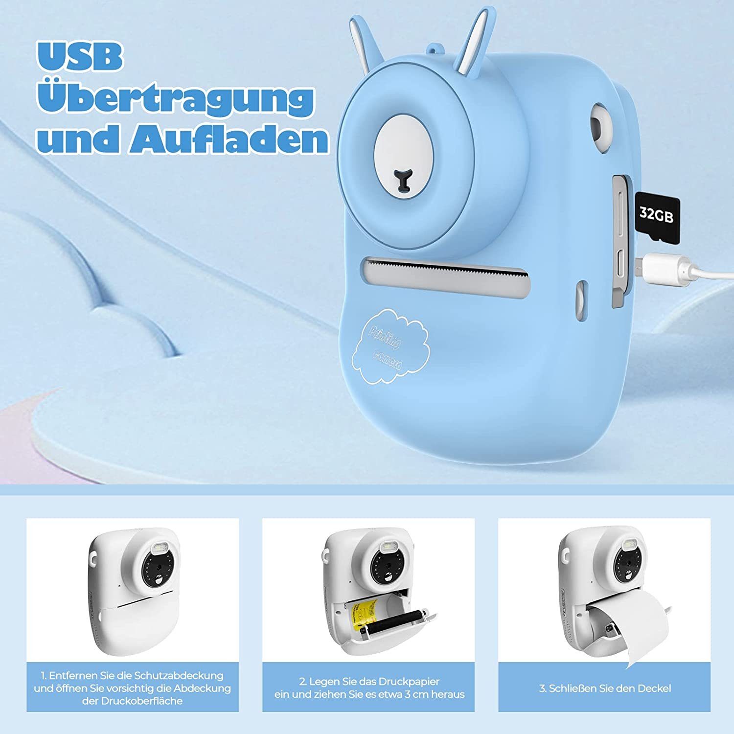 Fine Life Pro Kinder-Sofortbildkamera, 30MP 1080P, schwarz-weiß Druck, Kinderkamera (30 MP, 2,4 Zoll Display, 32GB Speicher, Dual-Kamera, blaues Geschenkidee)