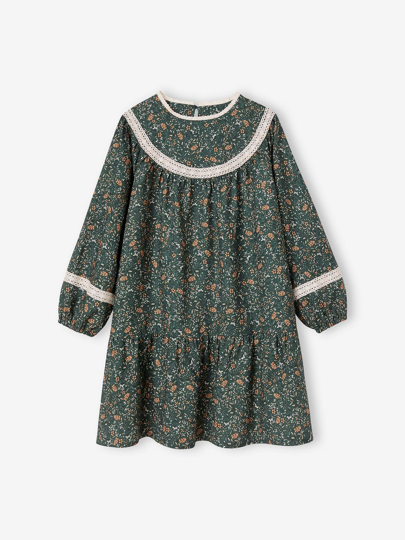 Robe à fleurs détails en dentelle fille bleu nuit