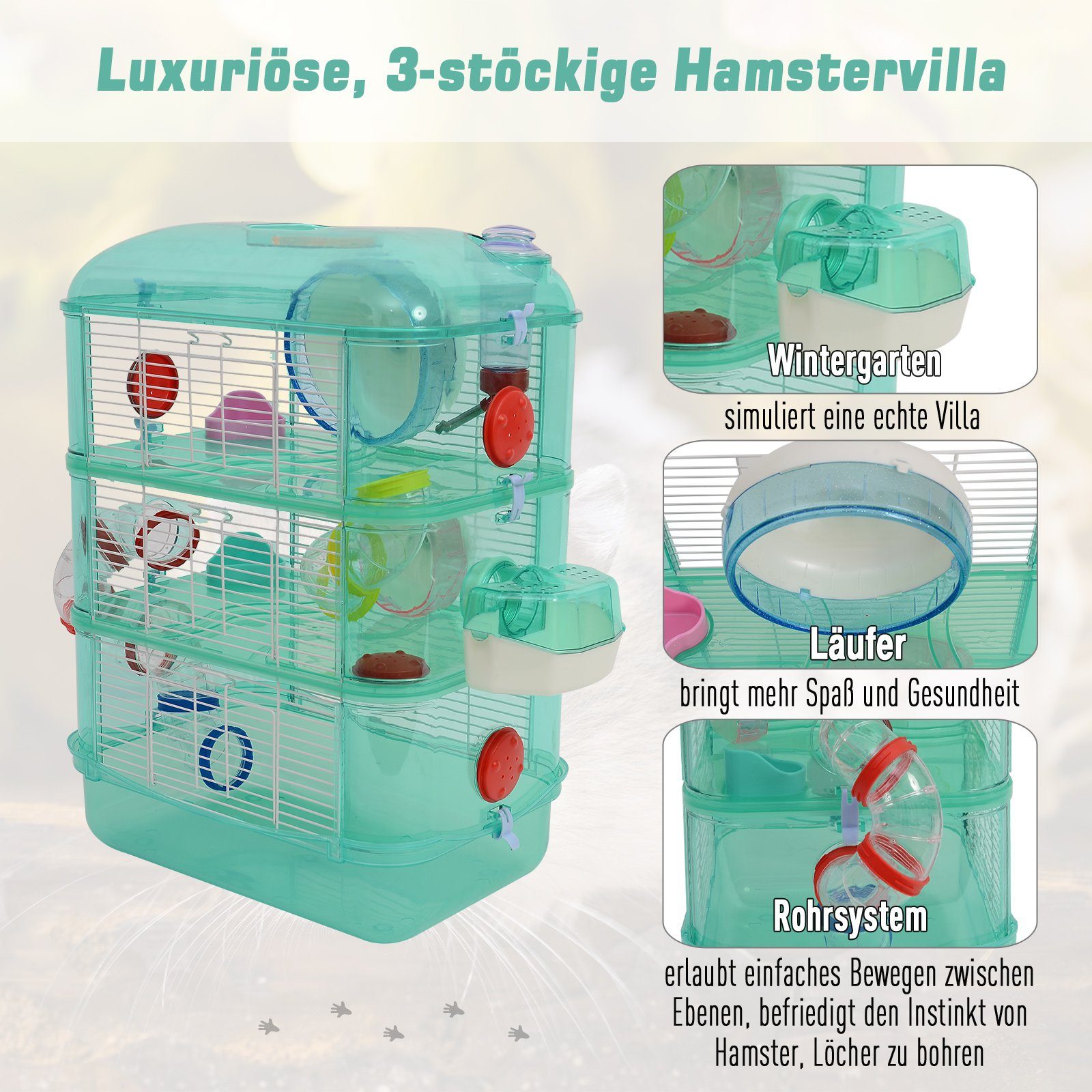 PawHut Kleintierkäfig, Kleintierkäfig Laufrad Futternapf Trinkflasche Grün, 40,5 x 28 x 55 cm