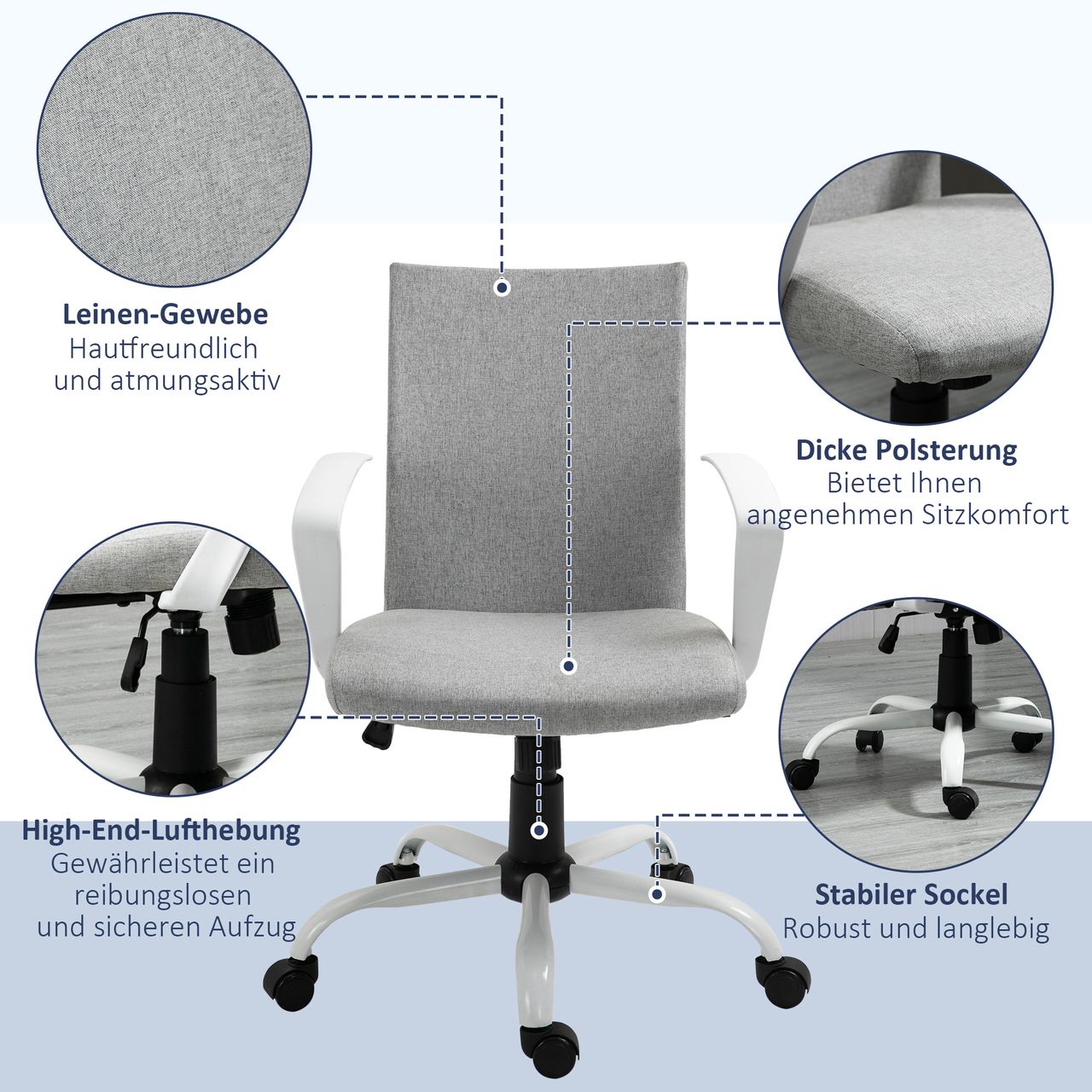 HOMCOM Bürostuhl Schreibtischstuhl Netzrückenstütze mit Wippenfunktion Kopflehne Home-Office-Stuhl höhenverstellbarer ergonomisch 360°-Drehräder Schaumstoff Nylon Grau 61 x 61 x 89-99 cm