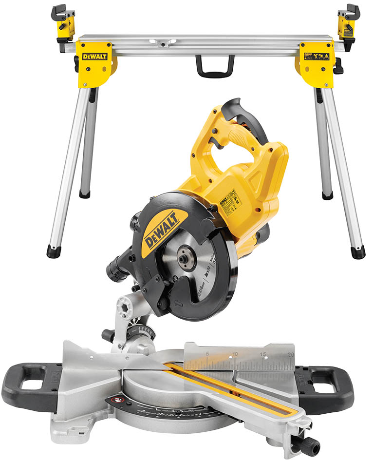 Serra de esquadria e corte telescópica DeWalt DWS773SET, 1300 watts, 216 mm + suporte DE7033
