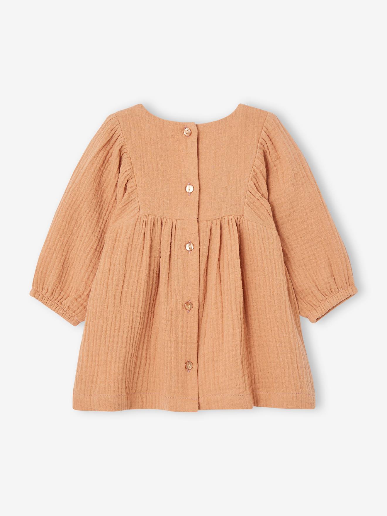 Vertbaudet Besticktes Baby Kleid aus Musselin - karamell