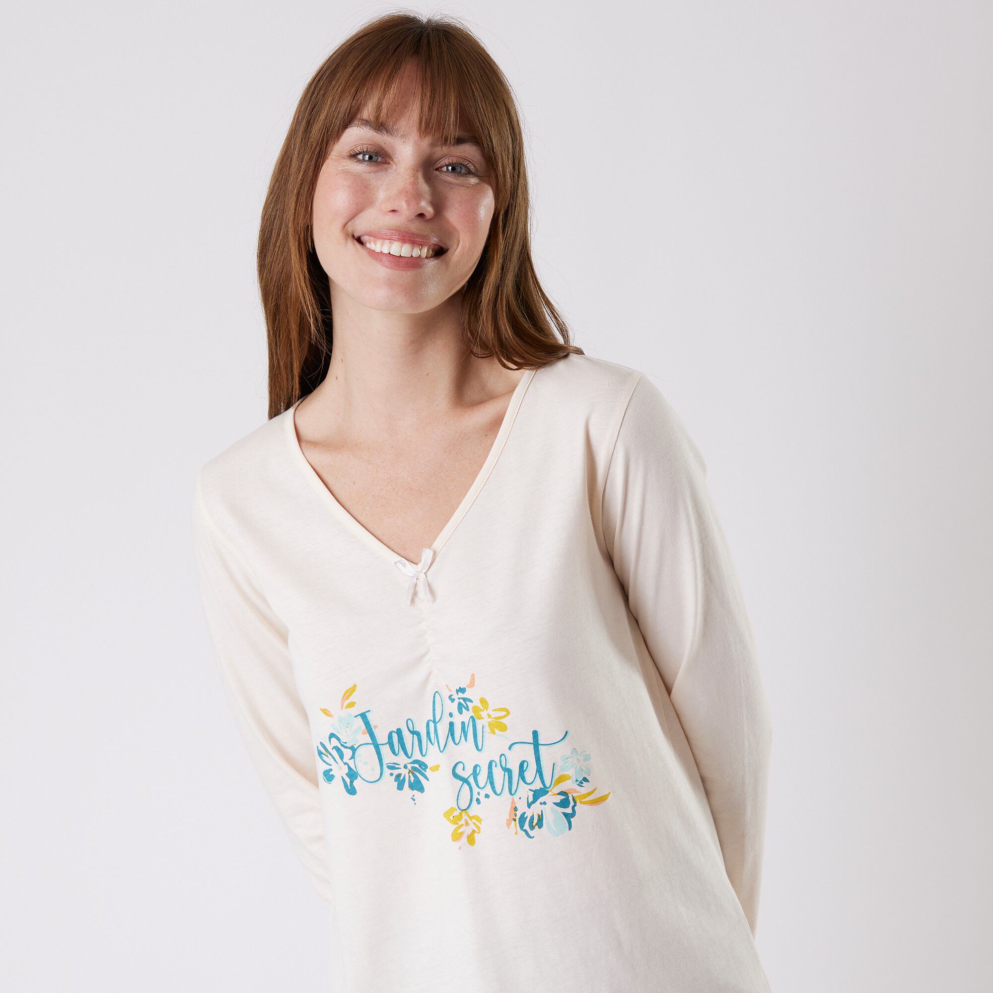 Tee-shirt pyjama manches longues imprimé placé 