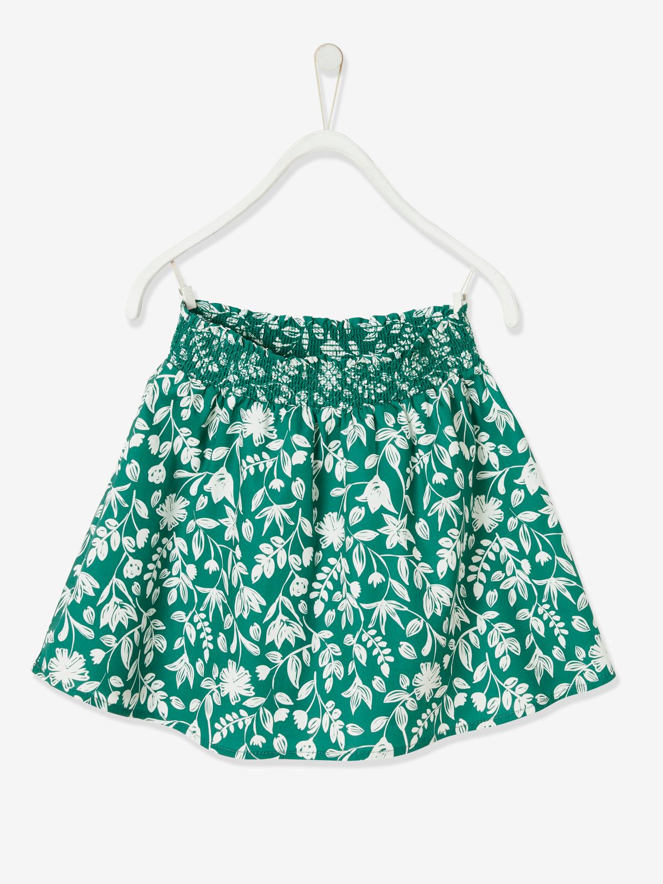 Jupe tournante fille taille smockée vert imprimé