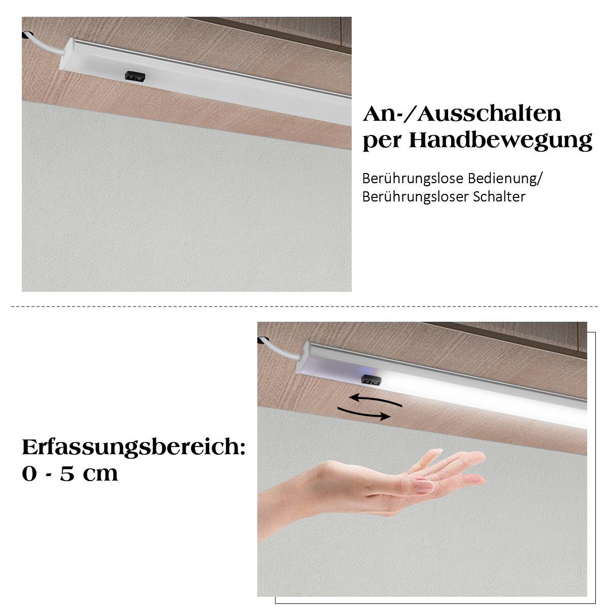 iscooter LED Unterbauleuchte Küchenlampe Schranklicht Nachtlicht mit Hand Bewegungssensor, 230V, LED fest integriert, Warmweiß, Kaltweiß, LED Unterbauleuchte, LED Sensor Licht Schrankleuchten, Für Schrank