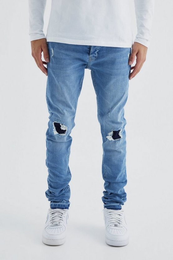 Zerrissene gerippte Skinny Jeans