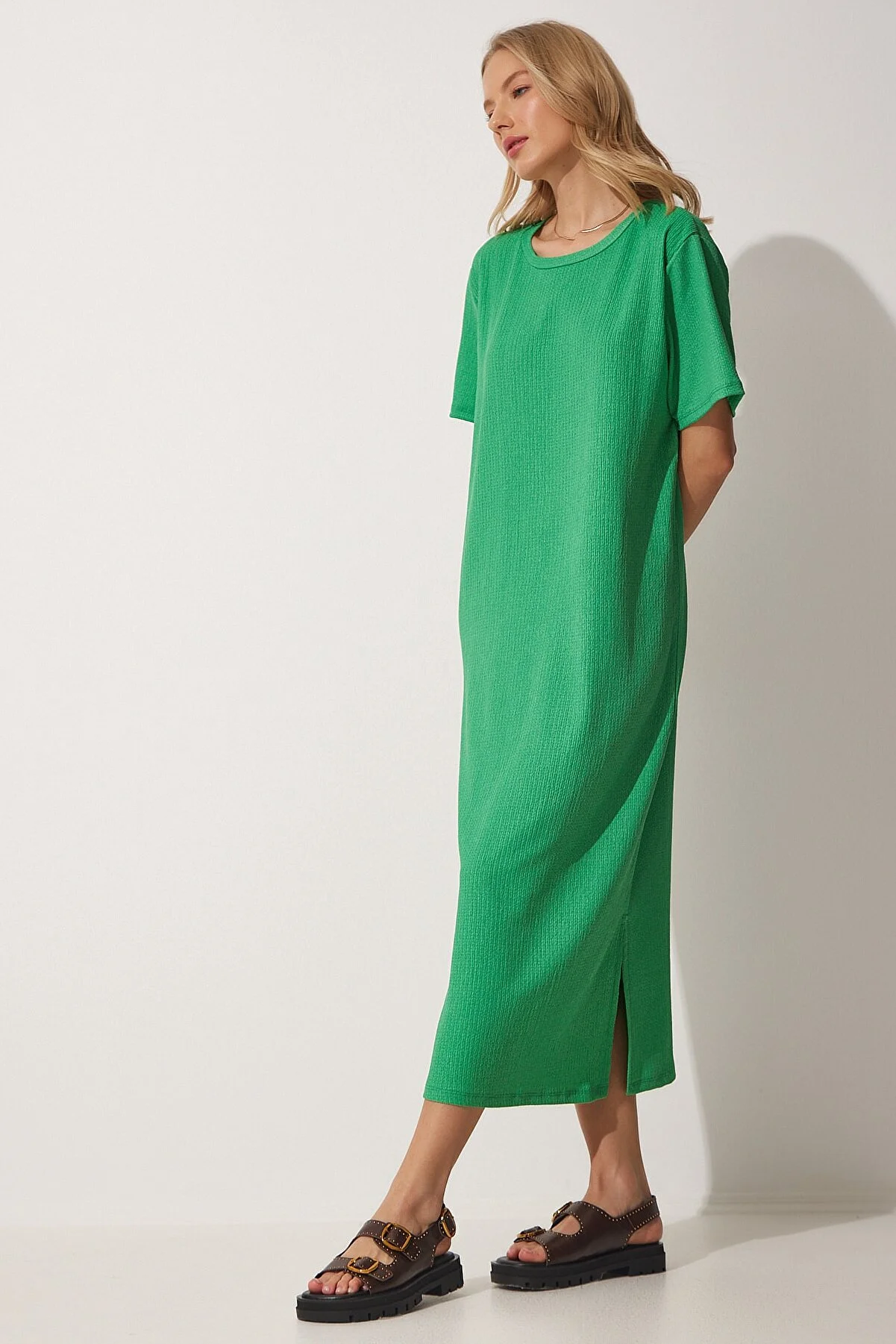 Happiness İstanbul  Grünes, lockeres, langes, tägliches Sommer-Strickkleid für Damen DZ00076
