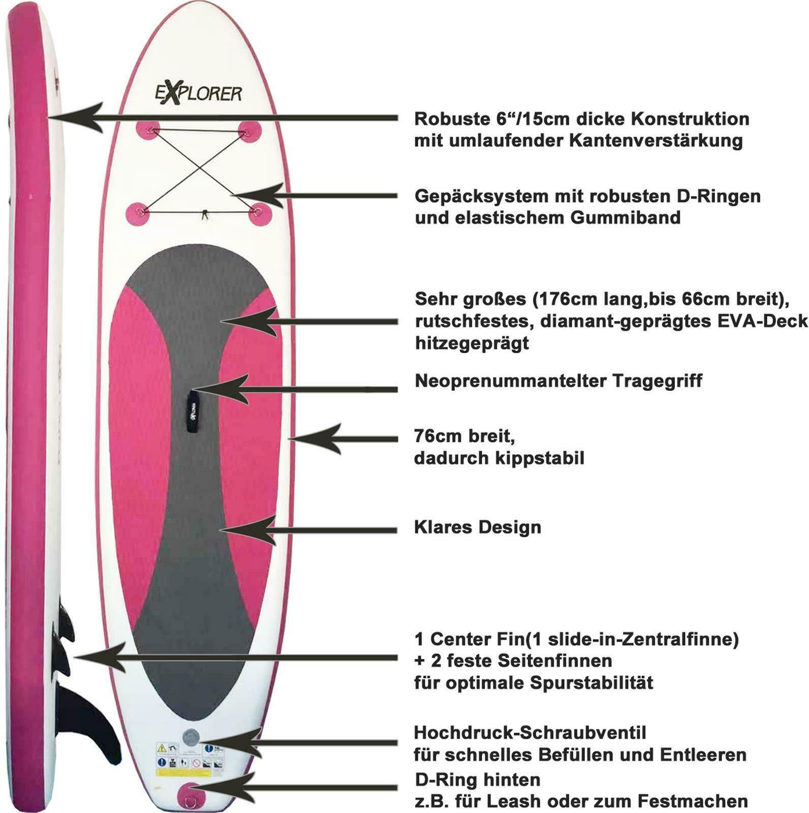 EXPLORER Inflatable SUP-Board Explorer SUP 300 pink, (Set, mit Paddel, Pumpe und Transportrucksack)