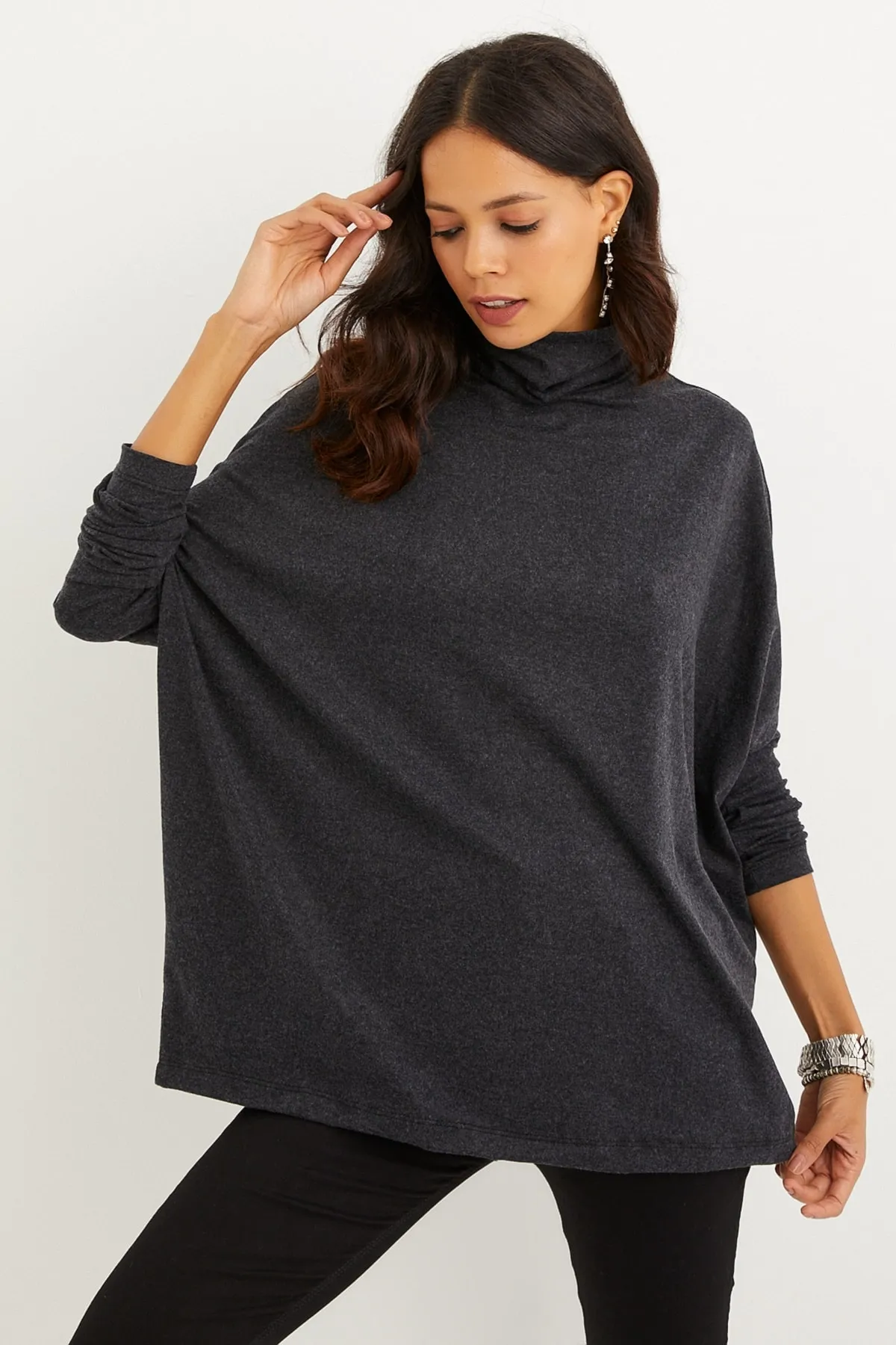 Cool & Sexy  Anthrazitfarbene Fischerbluse mit Fledermausärmeln für Damen EY1049