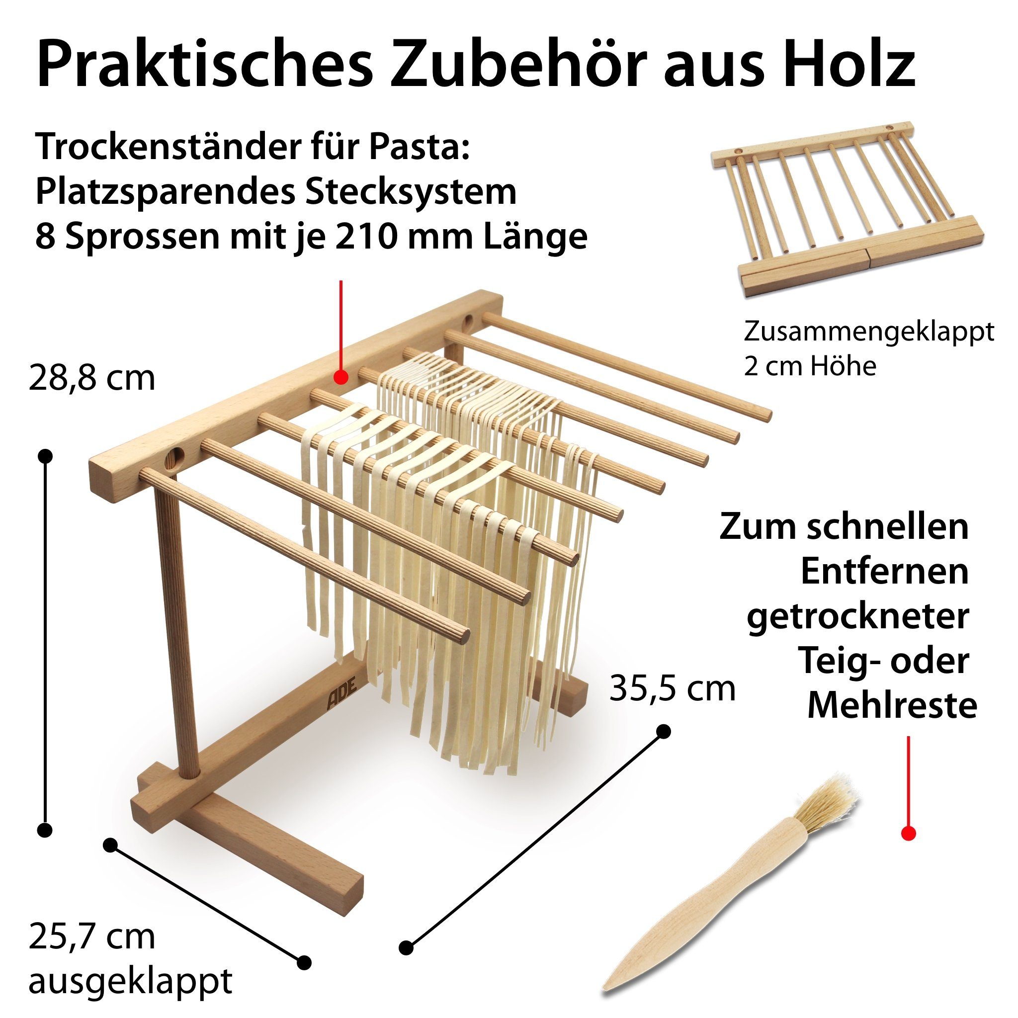 ADE Nudelmaschine Edelstahl, manuelle Pastamaschine, Pastamaker zur Herstellung von Lasagneplatten, Spaghetti, Fettuccine