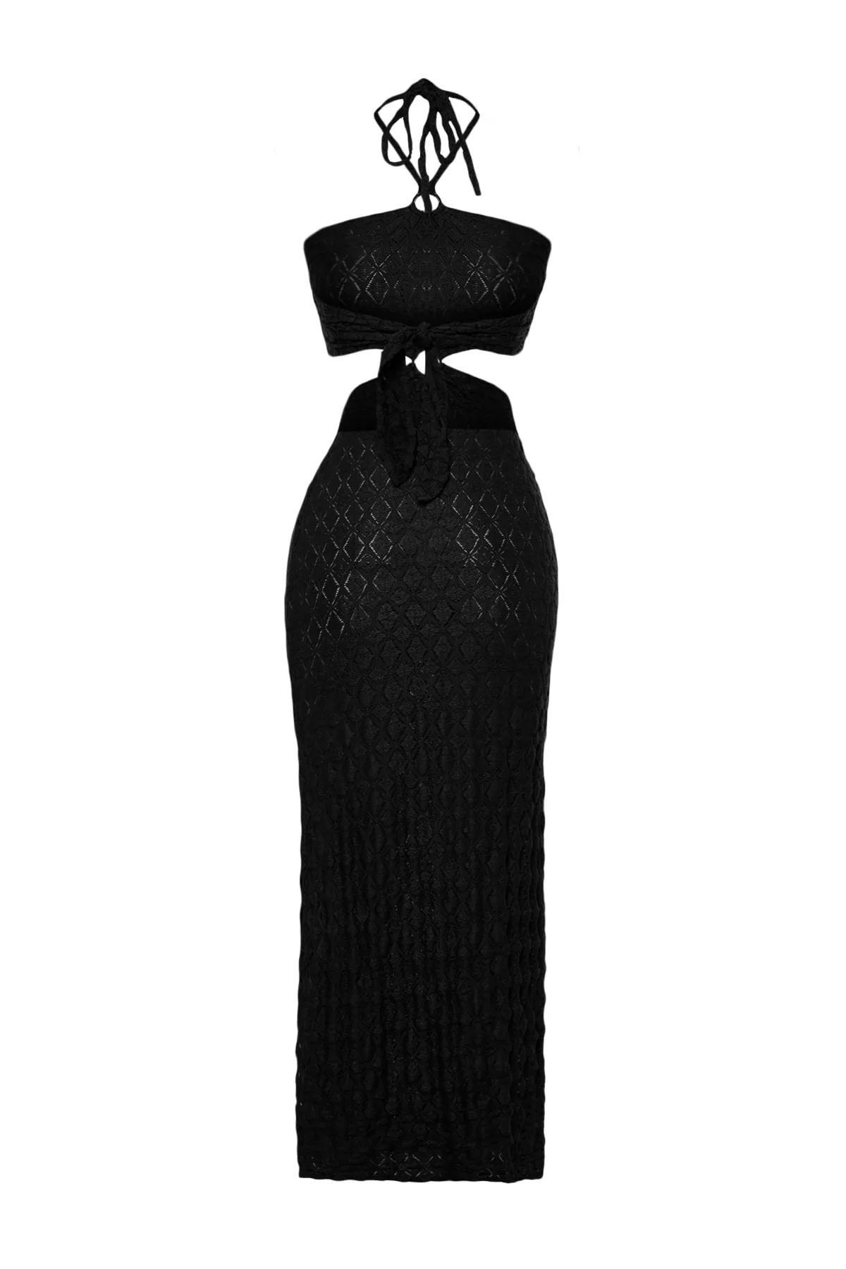 Trendyol Collection  Schwarzes, tailliertes Maxi-Strandkleid aus Strick mit Accessoires TBESS23EL00078