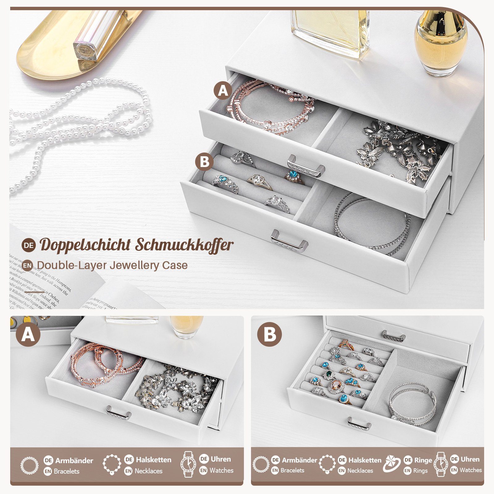 Yorbay Schmuckkasten Zweiteiliger Schmuckkoffer mit 4 Karten und 2 Schubladen, Weiß (Abschließbare Schmuckschatulle, Mit großem Sichtfenster, Mit Spiegel), Schmuckkästchen für Halsketten, Ringe, Armbänder, Ohrringe, Uhren