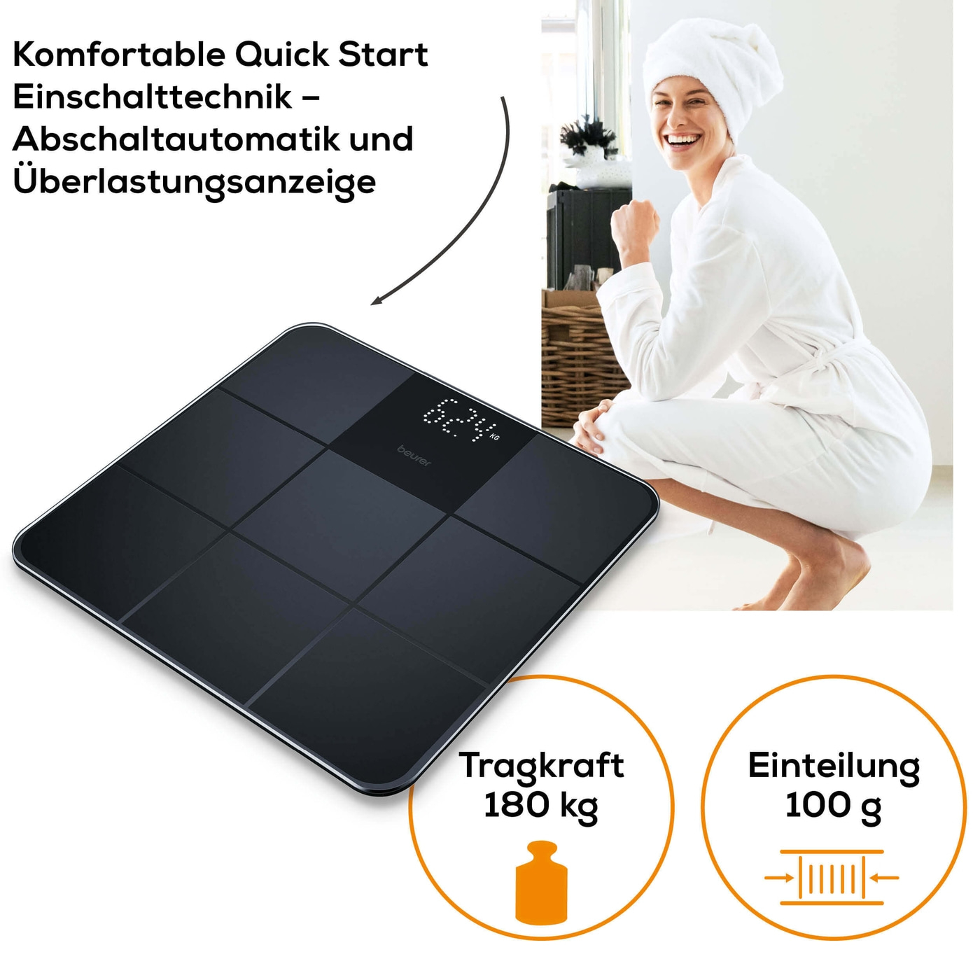 Beurer Glaswaage - GS 235-Personenwaage aus Glas mit Silikonoberfläche & unsichtbarem Magic-Display - bis 180 kg