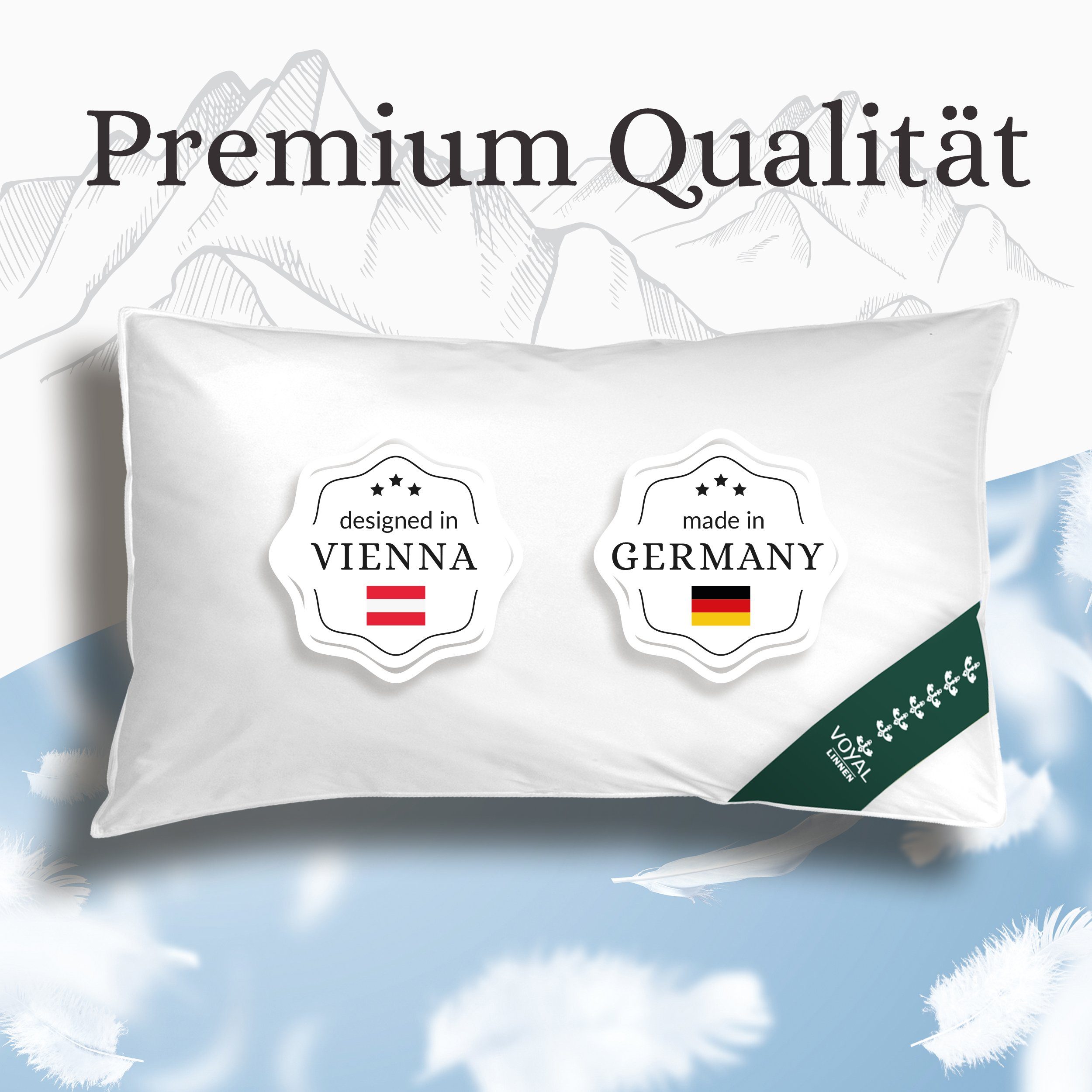 Daunenkissen Wiener Wolkenpolster 40x80 cm in zwei Füllstärken, VOYAL LINNEN, Füllung: 70% Federn / 30% Daunen, kuschliges Kissen in Deutschland hergestellt, allergikerfreundlich