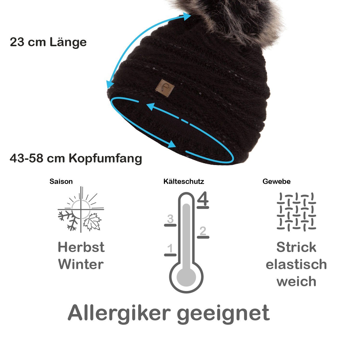 Faera Bommelmütze Wintermütze Damen Pailletten Winter Mütze Haube gefüttert Strickmütze