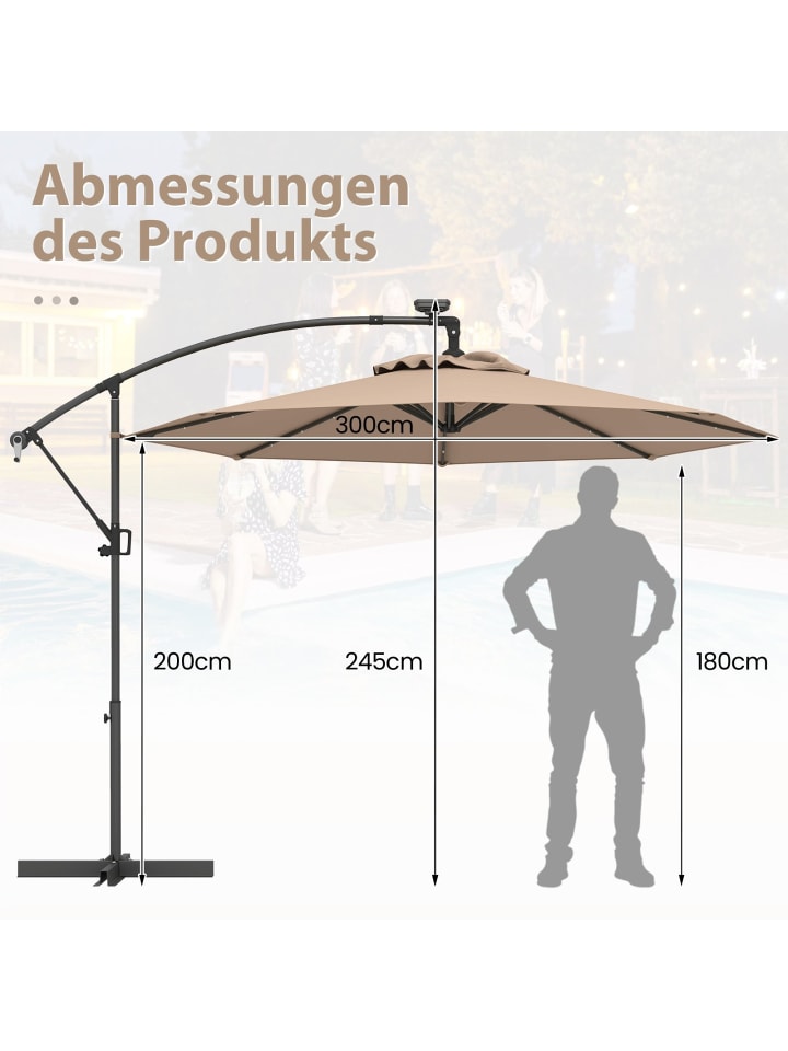 COSTWAY 300cm Sonnenschirm mit LED-Solar-Beleuchtung in Braun günstig kaufen onesize