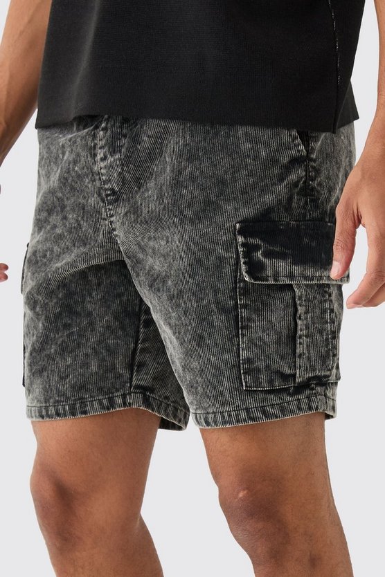 Schwarz Cord-Cargoshorts mit Acid-Waschung und elastischem Bund