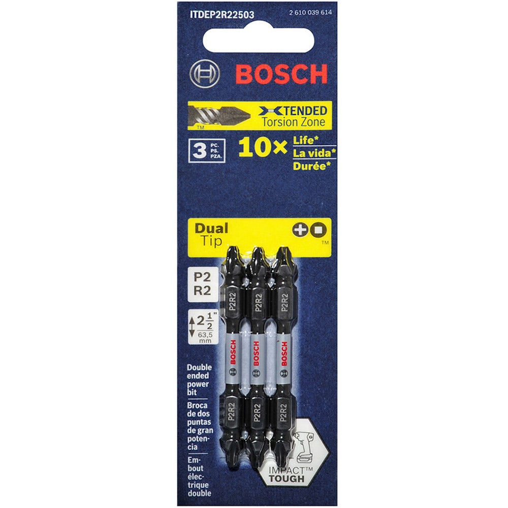 Conjunto de 3 bits de impacto BOSCH P2R2 x 65 mm, Phillips/Robertson – Resistente a impactos