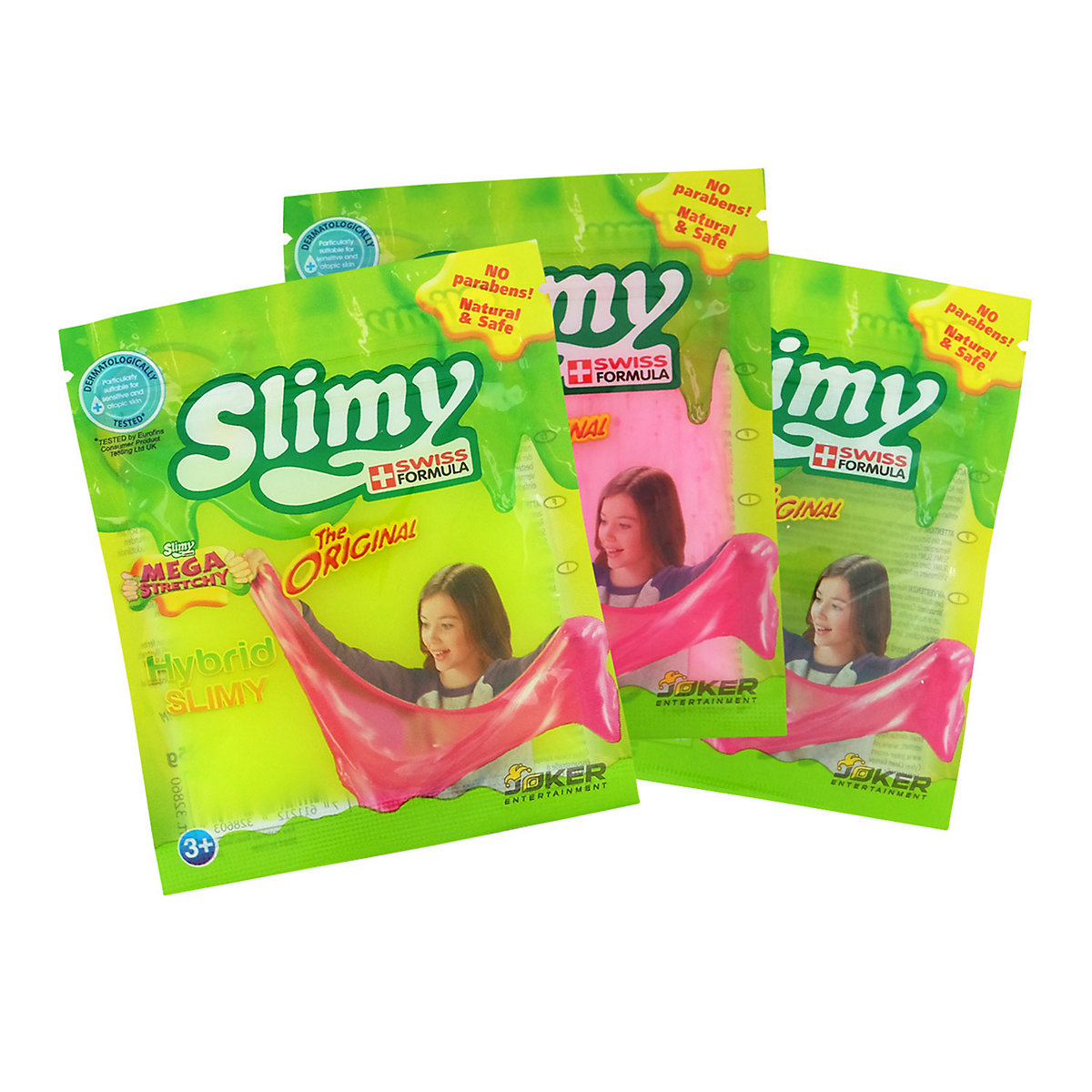 SLIMY® Original, Mega & Hybrid DREIERPACK - 3 x 45g Slime Spielmasse im Zip-Bag für farbenfrohen Knetspaß