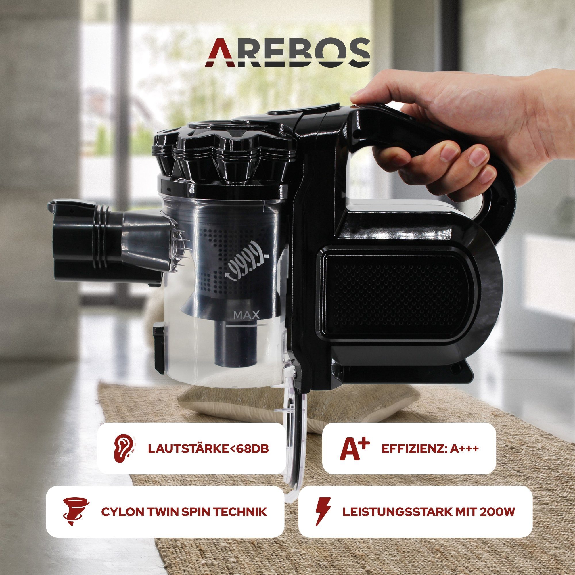 Arebos Akku-Handstaubsauger Lithium-Ionen-Akku Staubsauger, 2-in-1 Hand- und Bodenstaubsauger, 200,00 W, beutellos
