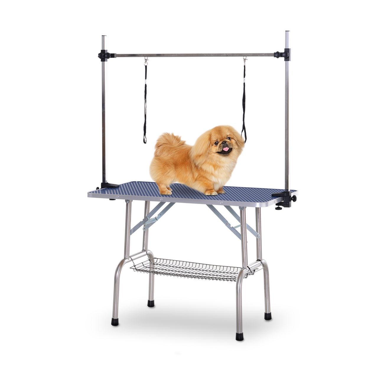 PawHut Trimmtisch Tierpflegetisch Schertisch Pflegetisch mit Unterkorb für Hunde höhenverstellbar klappbar Edelstahl Metall Blau 107 x 60 x 170 cm