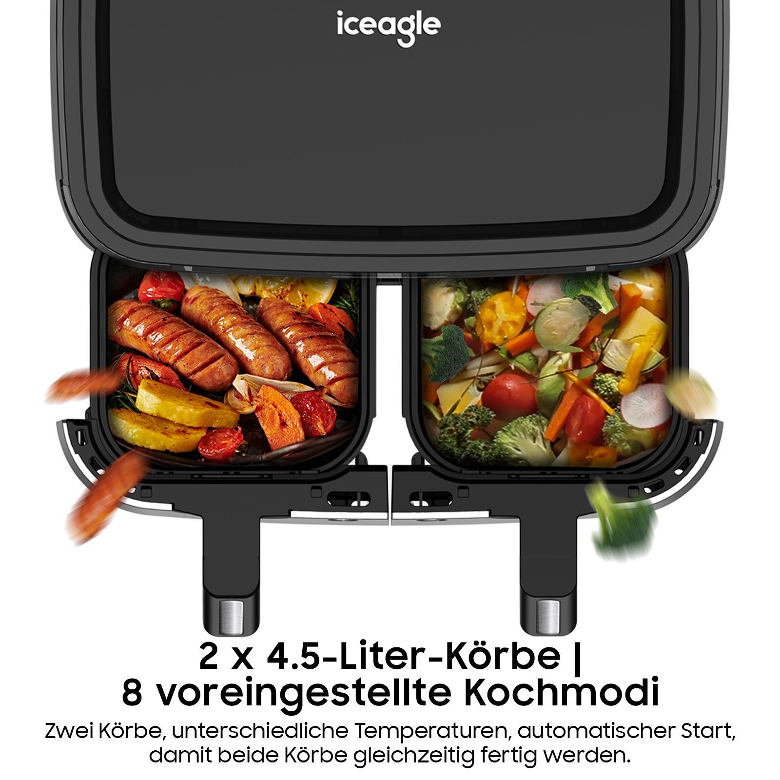 Sintech Heißluftfritteuse Dual Zone Heißluftfritteuse 9L, 8 Programmen Airfryer mit 2 Körben, Friteuse Heissluft ohne Öl, Dual Cook