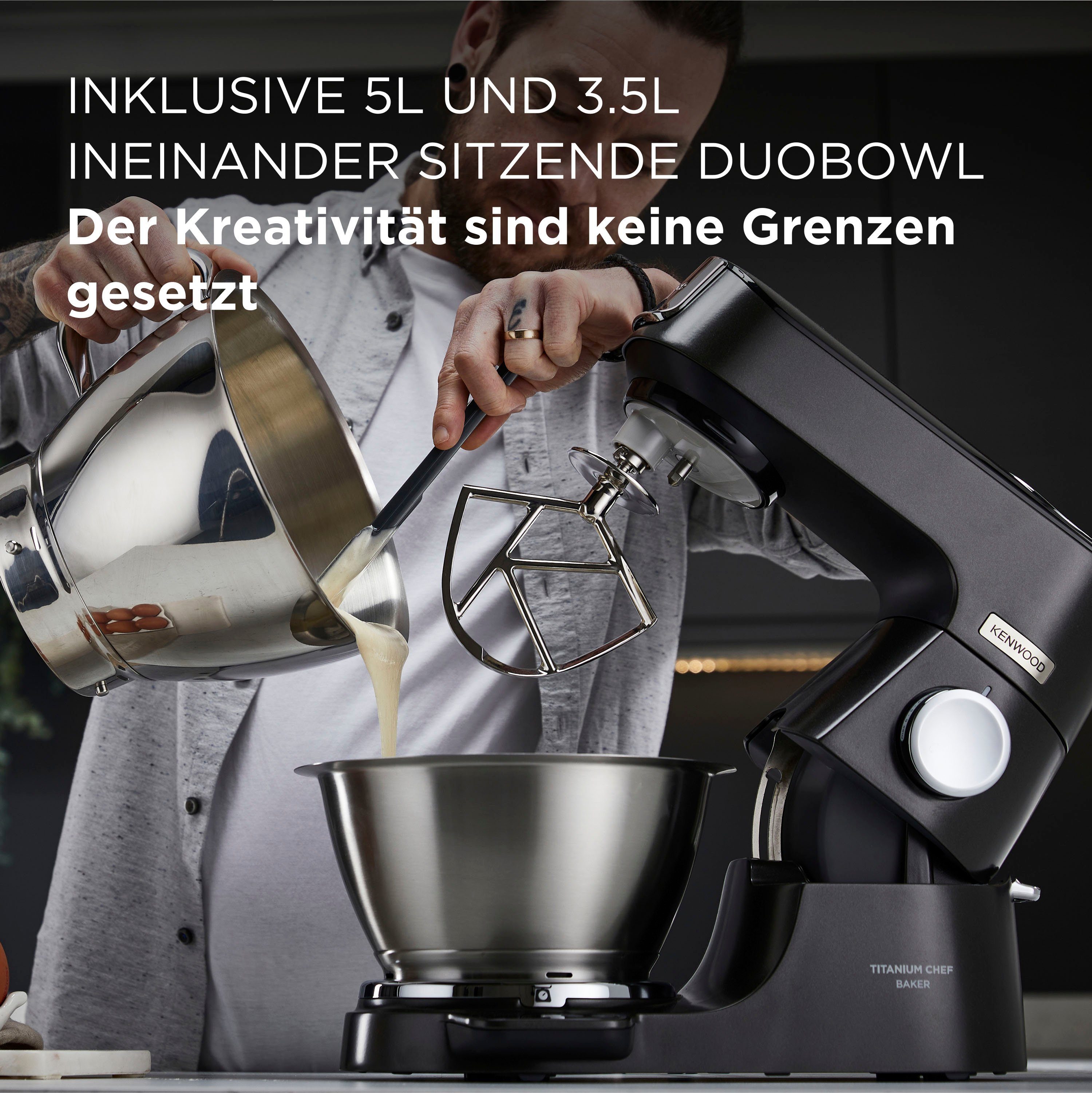 KENWOOD Küchenmaschine Titanium Chef Baker KVC85.004BK, 1200 W, 5 l Schüssel, Zubehör, Gratis Wert: UVP 319,- Gratis Mixaufsatz + Schnitzelwerk