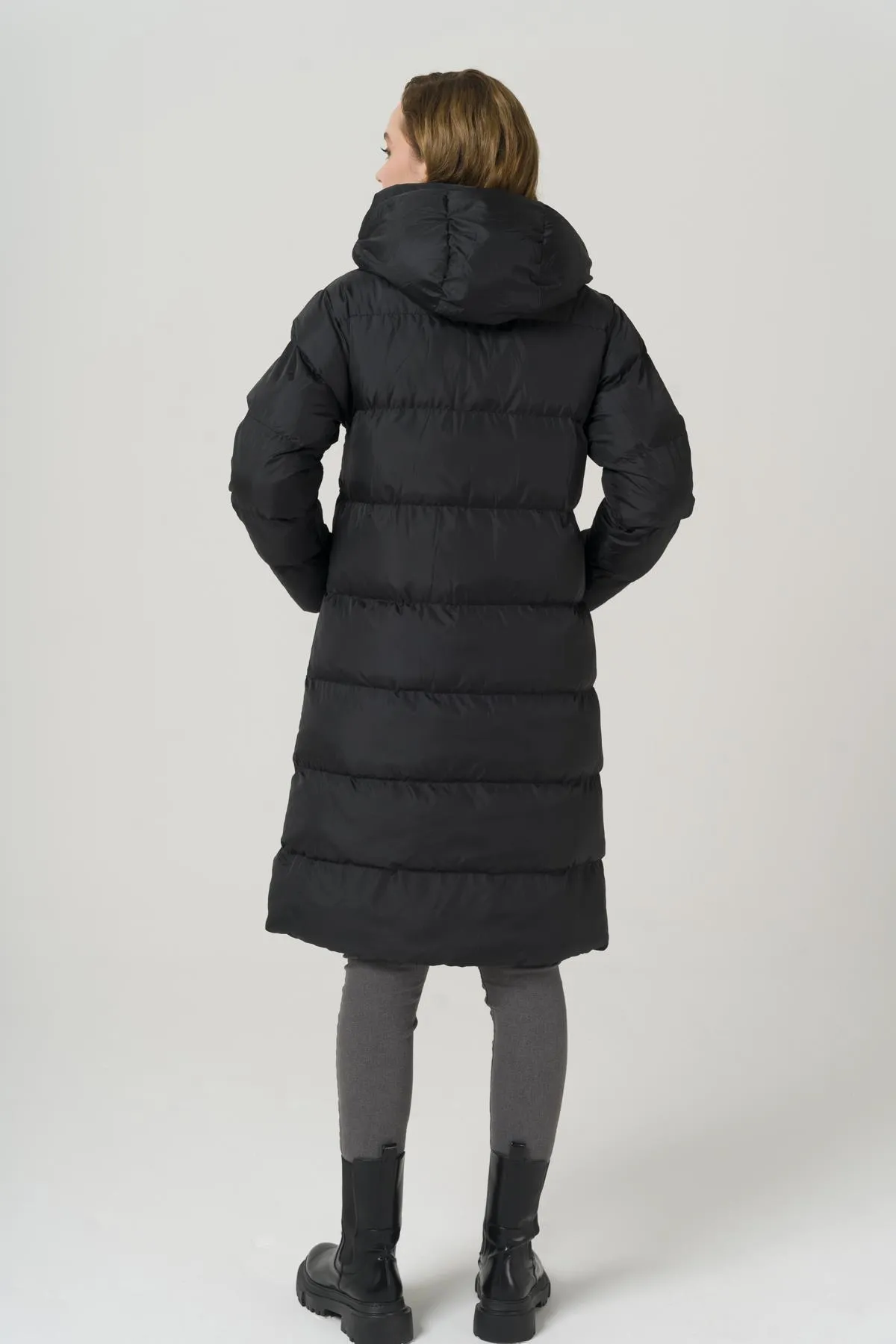 Olcay  Puffermantel aus Grosgrain mit Kapuze, Schwarz, 6404