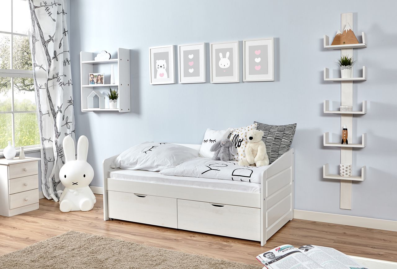 Ticaa Sofabett MINI Micki Buche weiß 80x160 cm Var 4 - mit 2er Schubkästen - inkl. Matratze