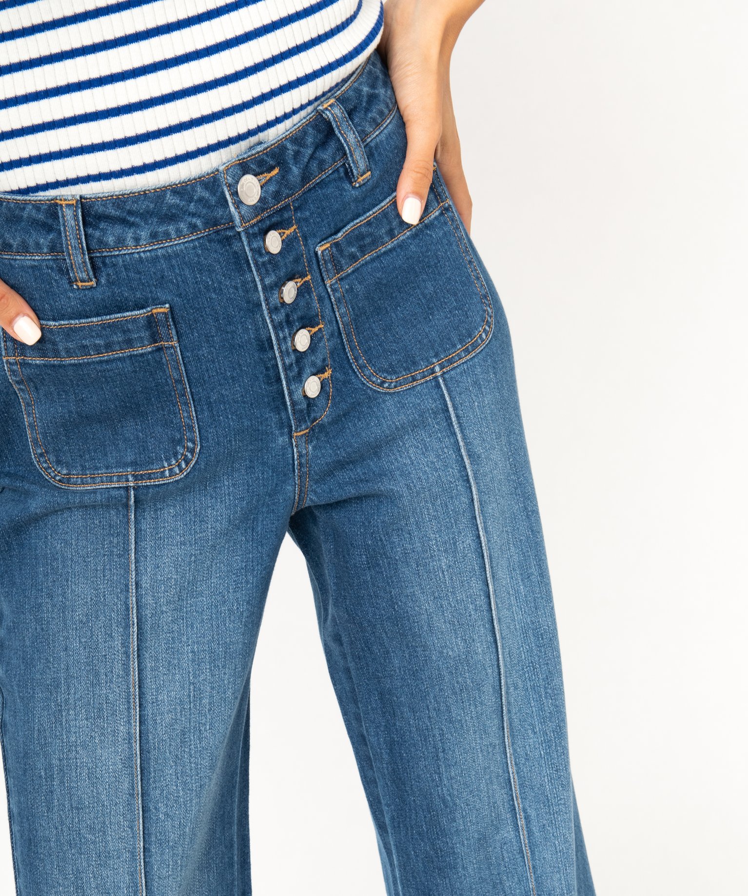Jean "Wide legs" taille haute avec braguette boutons femme stone | GEMO