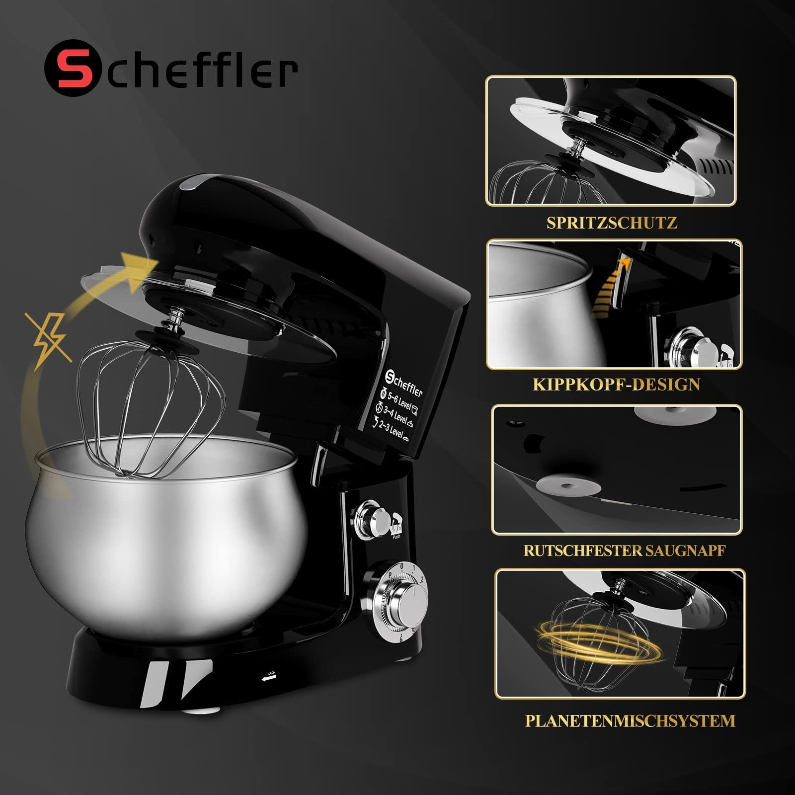 Scheffler Küchenmaschine 5L Edelstahlschüssel Knetmaschine mit 6 Geschwindigkeitsstufen, 2000,00 W, 5,00 l Schüssel, Teigmaschine mit Rührbesen, Knethaken, Schläger und Spritzschutz