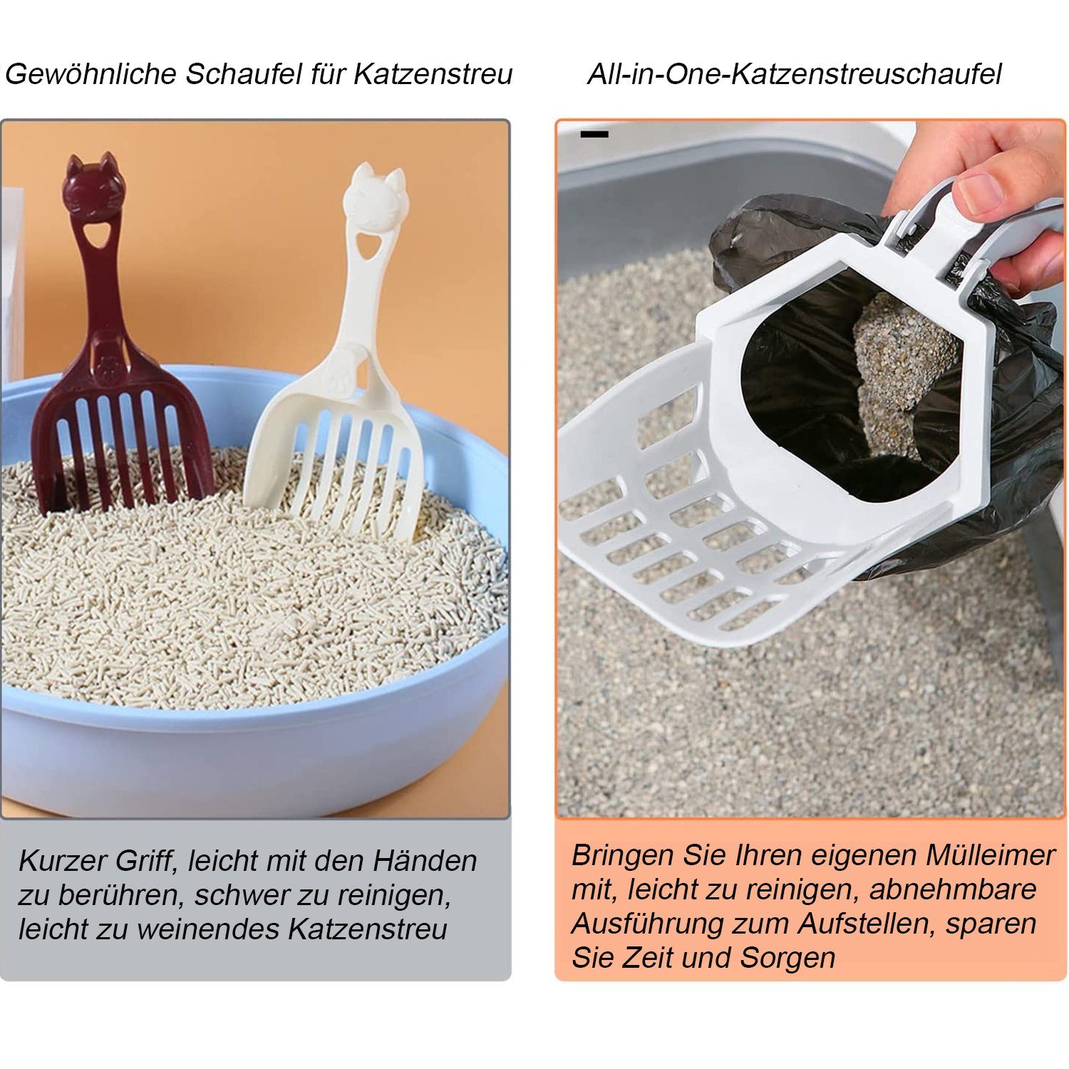 HUNKA Katzentoilette Katzenstreuschaufel, Katzenklo Schaufel 2 in 1, Streuschaufel mit Behälter,mit 10 Rollen Abfallsäcken